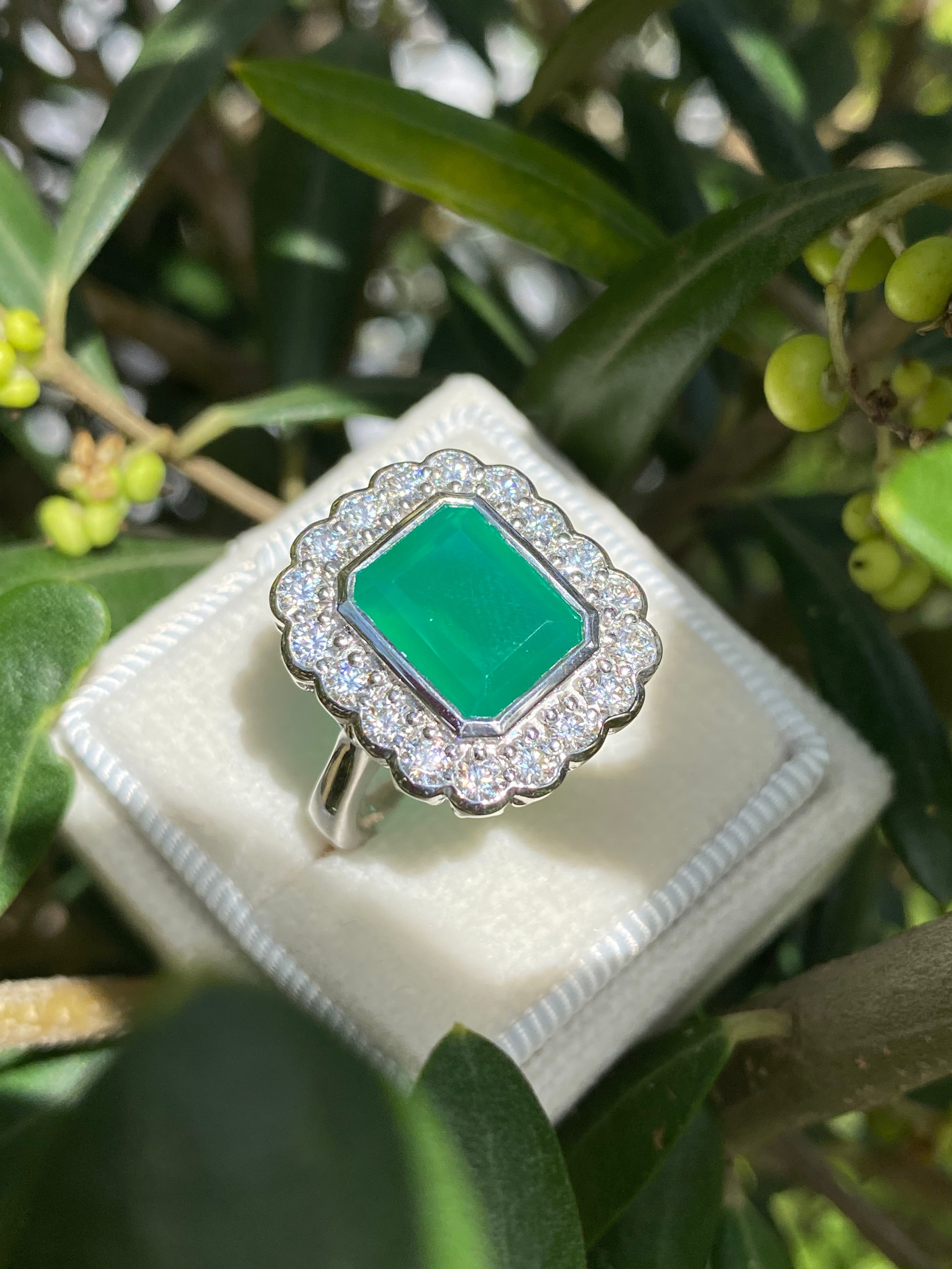 4.25 CTW Emerald Cut Green Onyx and Moissanite Halo Cocktail Ring in Sterling Silver