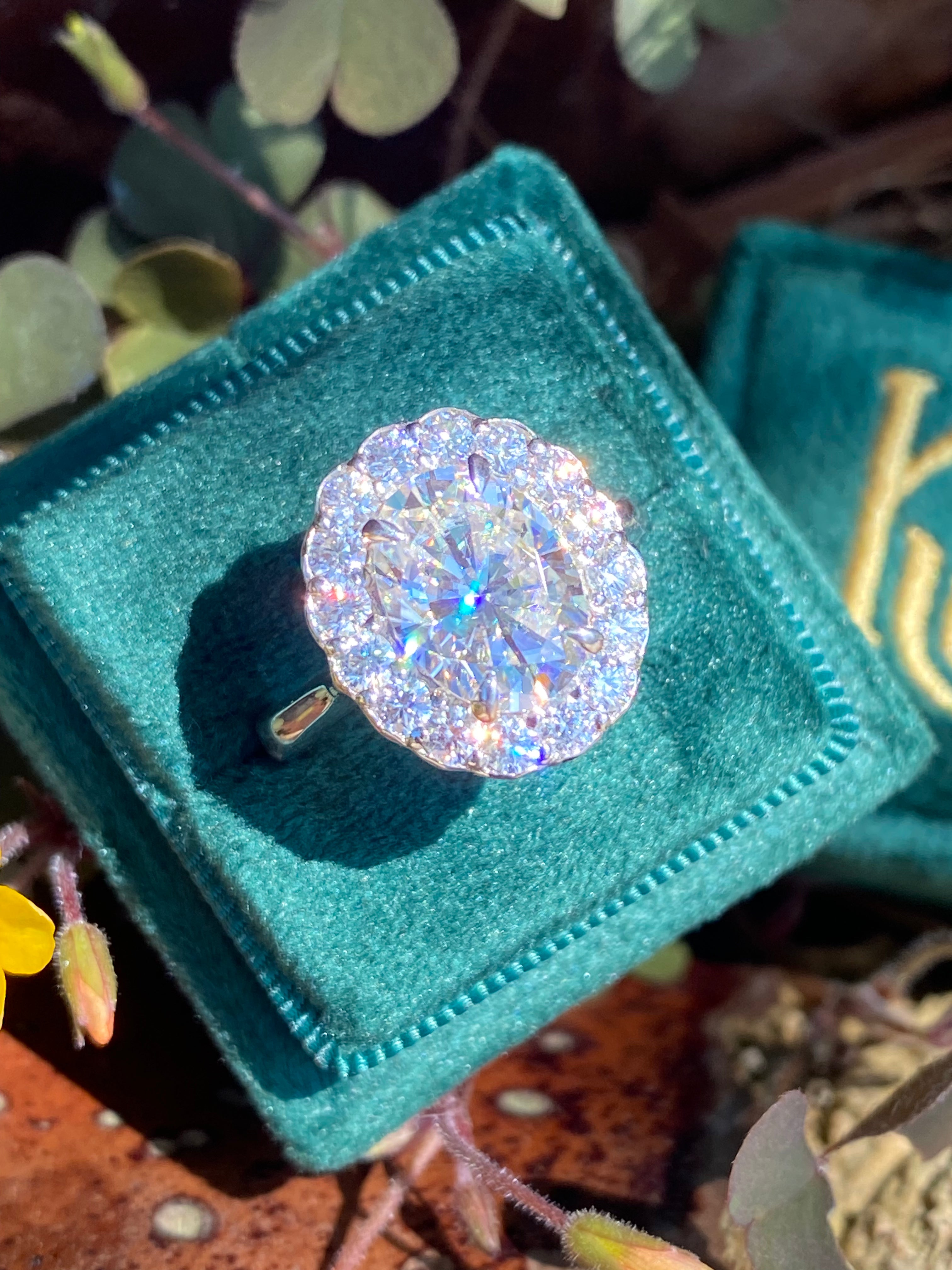 4.47 Carat Oval Cut Moissanite Oval Halo Ring in Sterling Silver