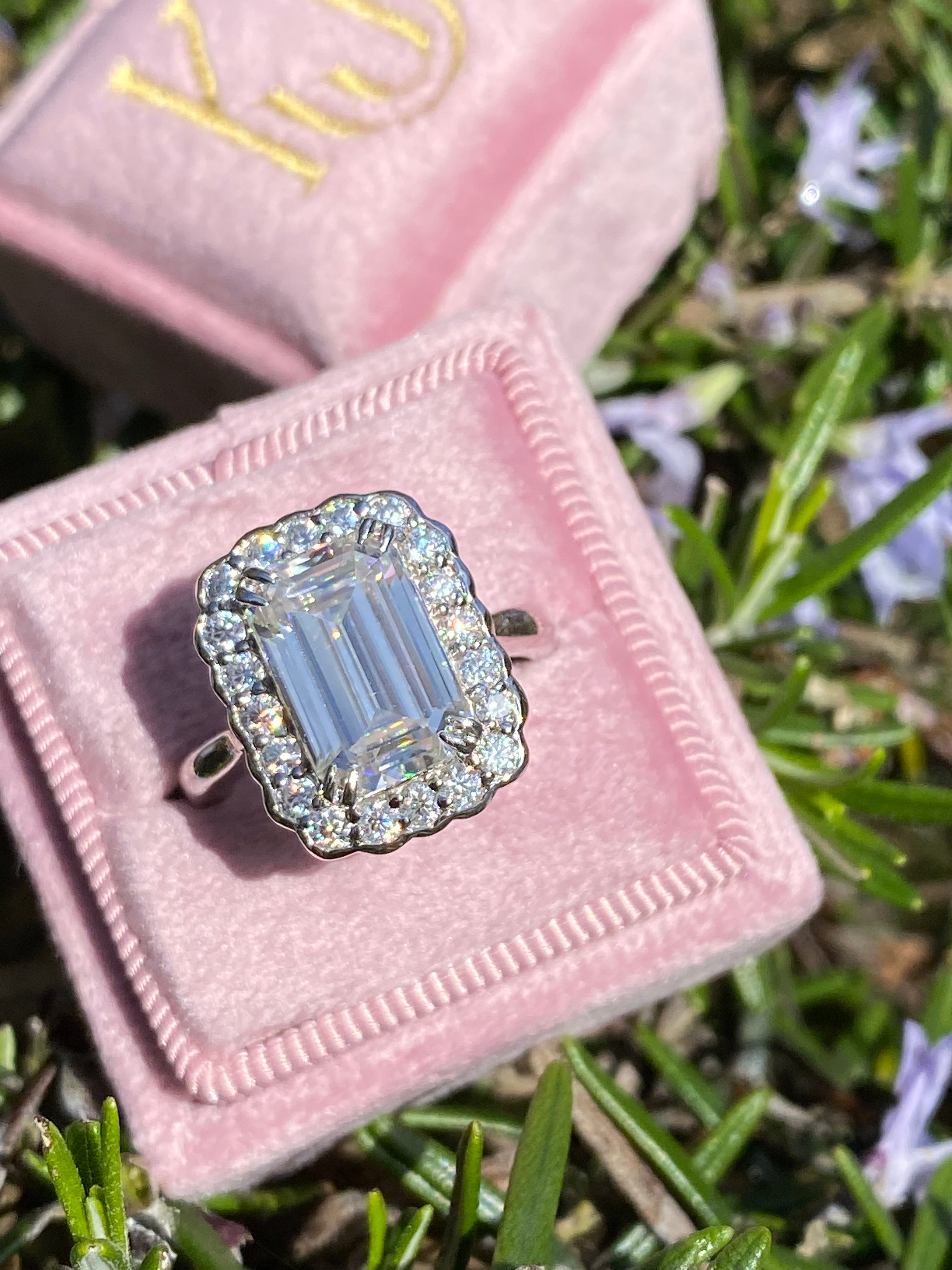 5.38 CTW Emerald Cut Moissanite Halo Cocktail Ring in Sterling Silver