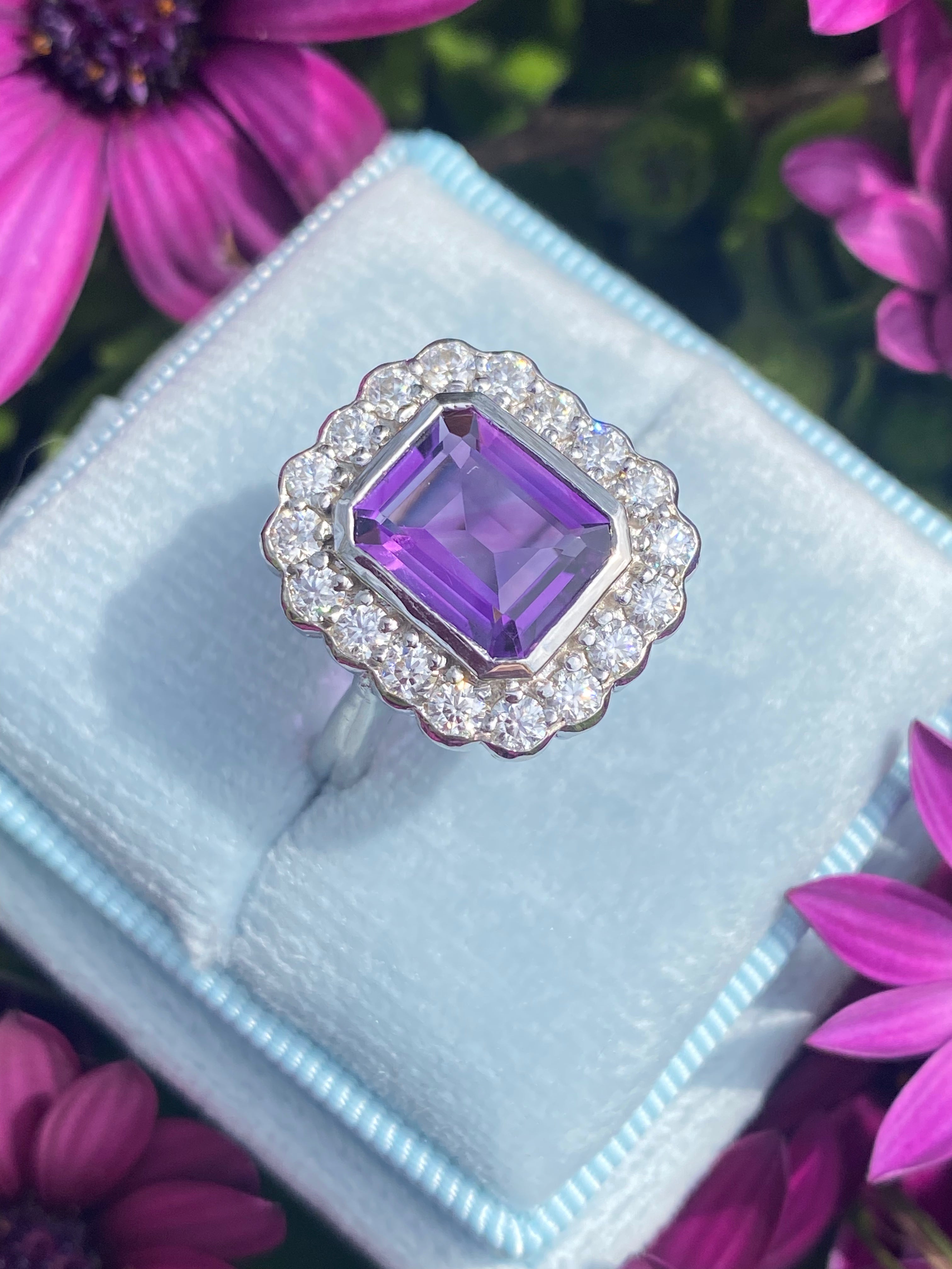 4.25 CTW Emerald Cut Amethyst and Moissanite Halo Cocktail Ring in Sterling Silver