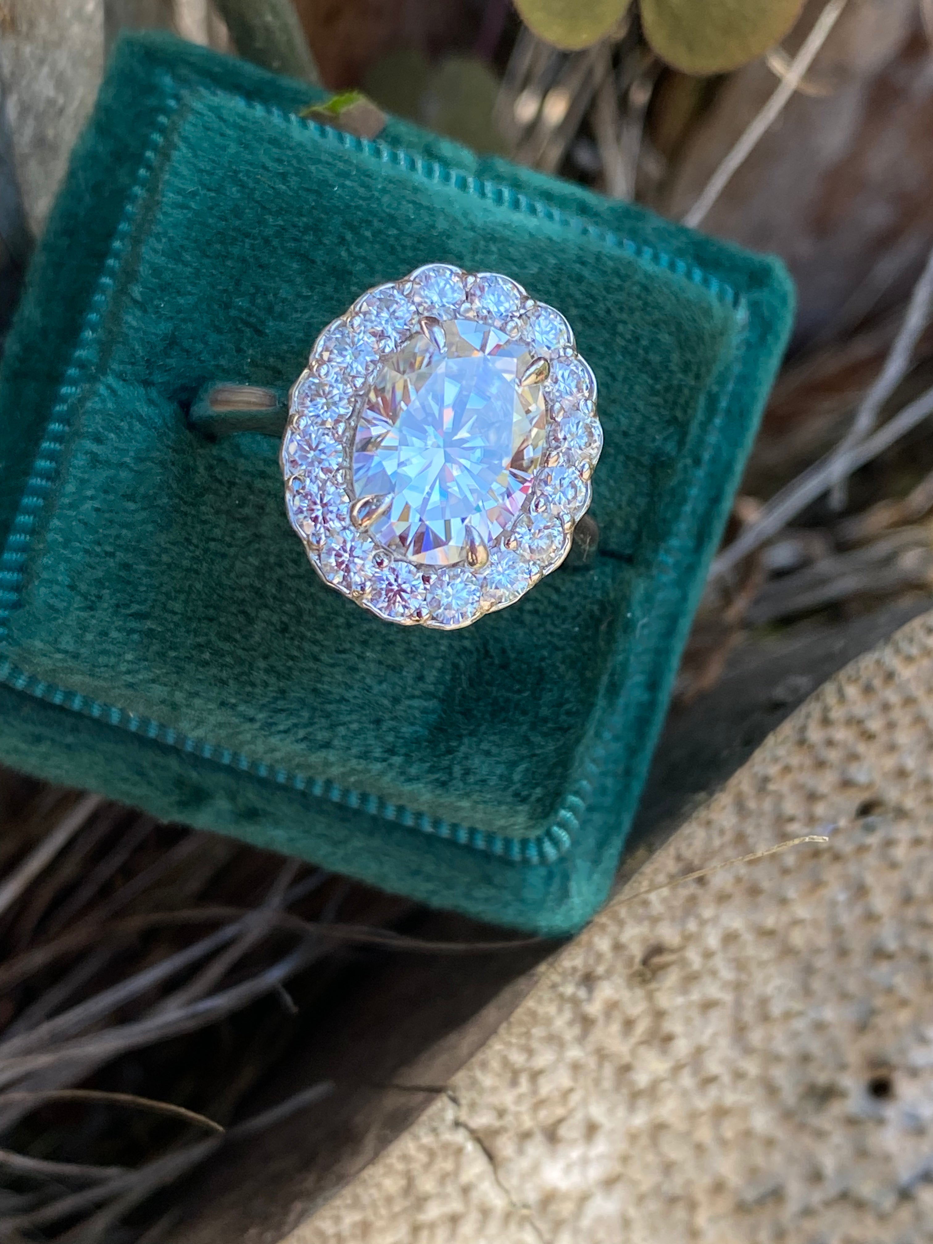 4.47 Carat Oval Cut Moissanite Oval Halo Ring in Sterling Silver