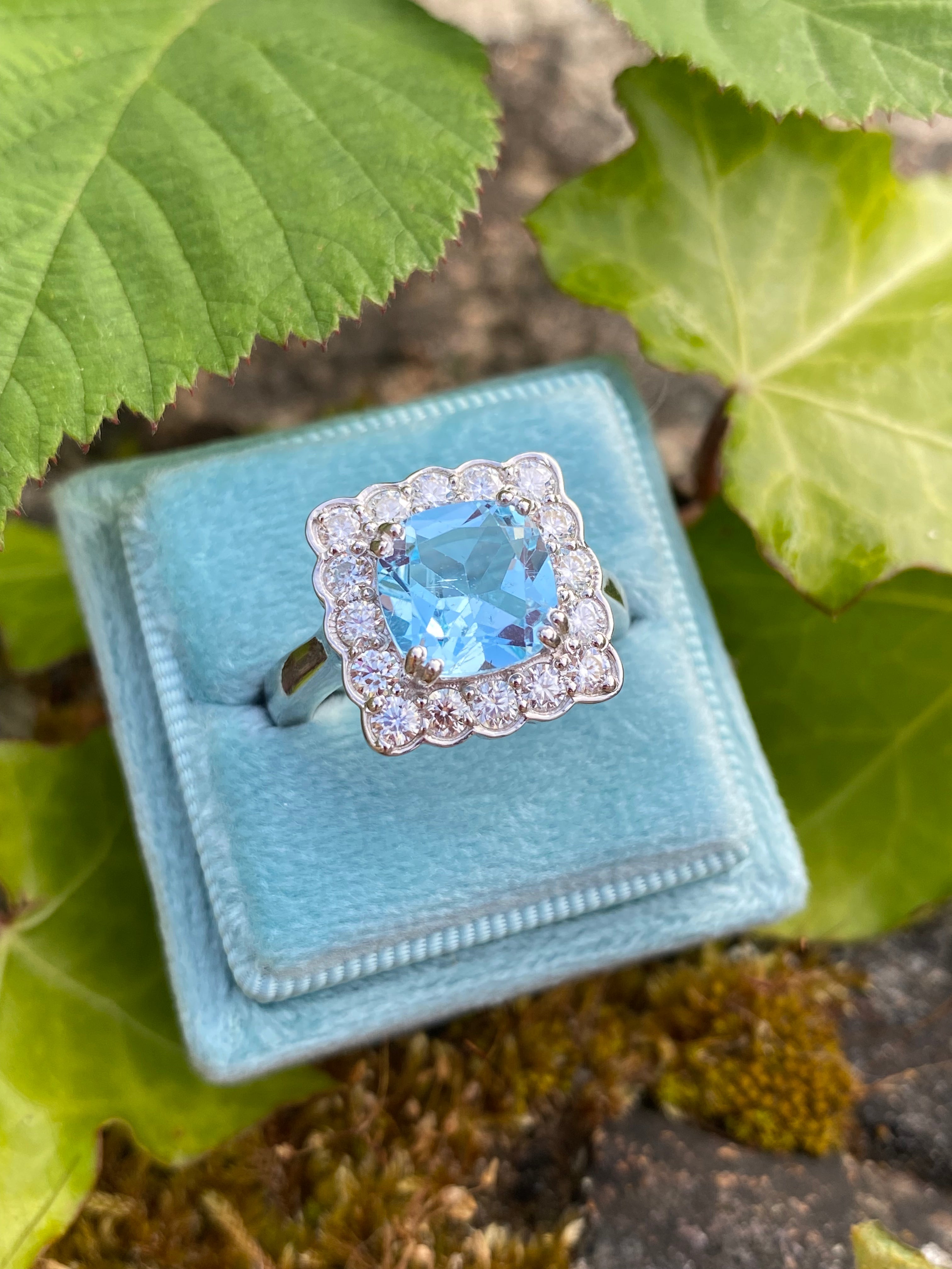 4.29 CTW Cushion Cut Blue Topaz and Moissanite Halo Cocktail Ring in Sterling Silver