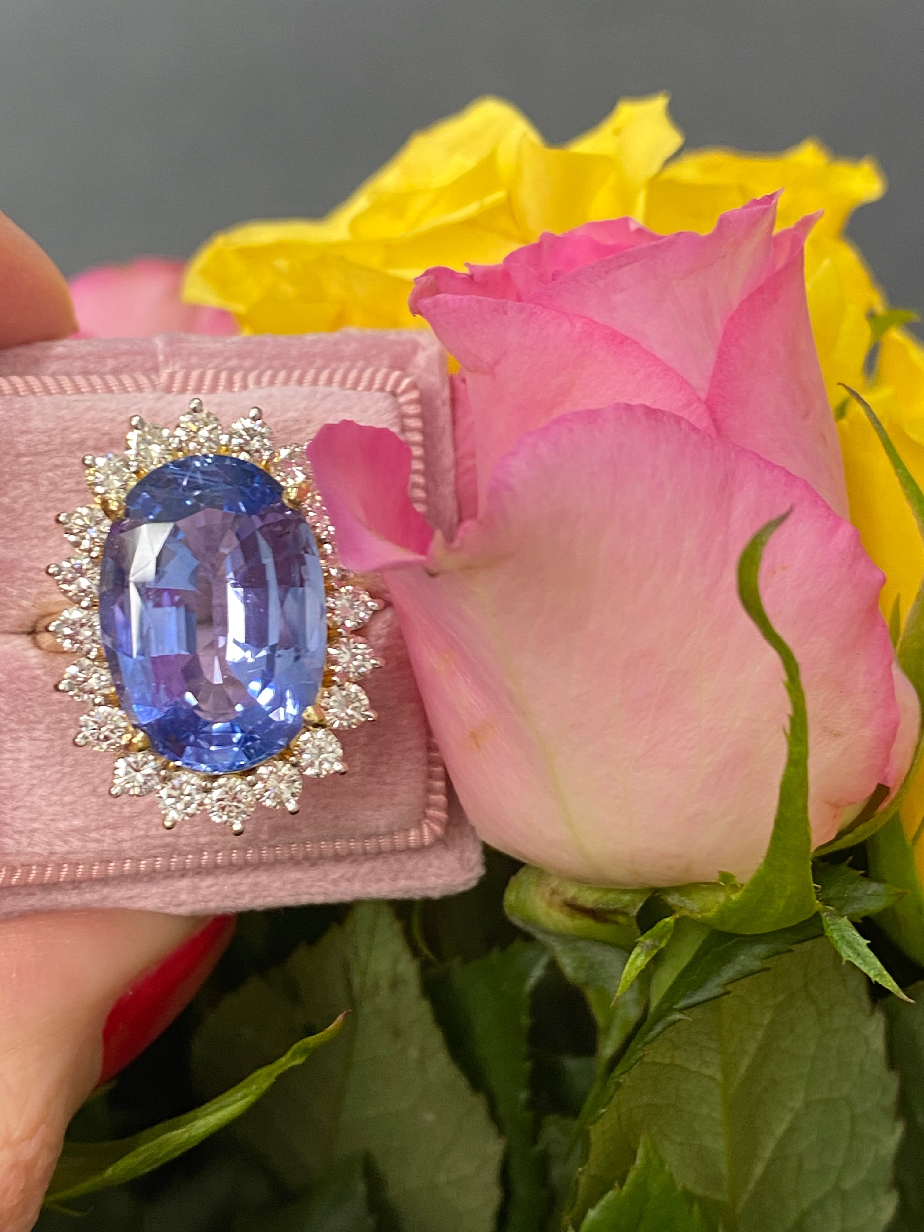 14.10 Carat Certified Unheated Blue Sapphire and Diamond Halo Engagement Ring in 18ct Yellow Gold