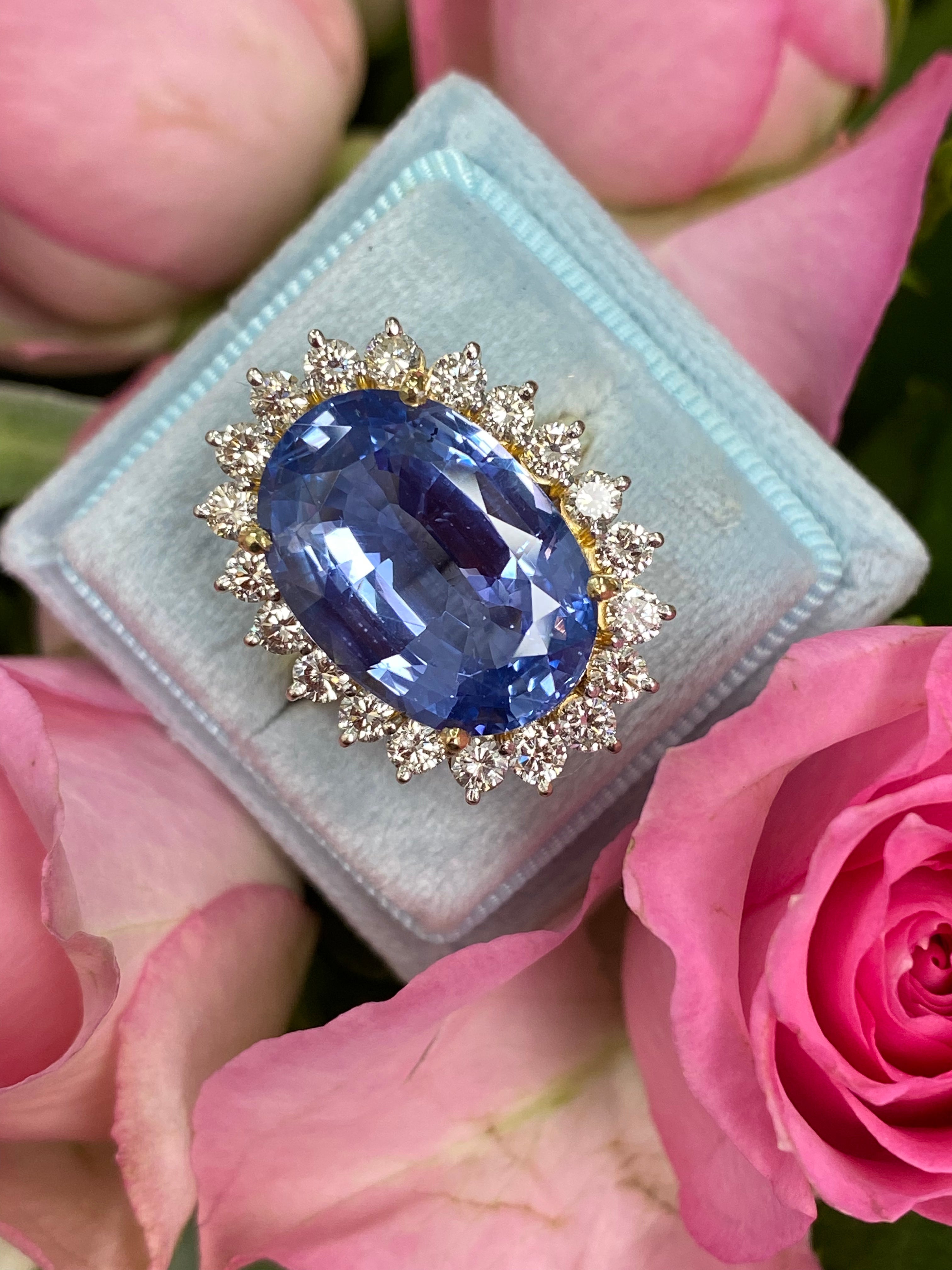 14 Carat Oval Cut Ceylon Blue Sapphire Unheated Engagement Ring in Yellow Gold 