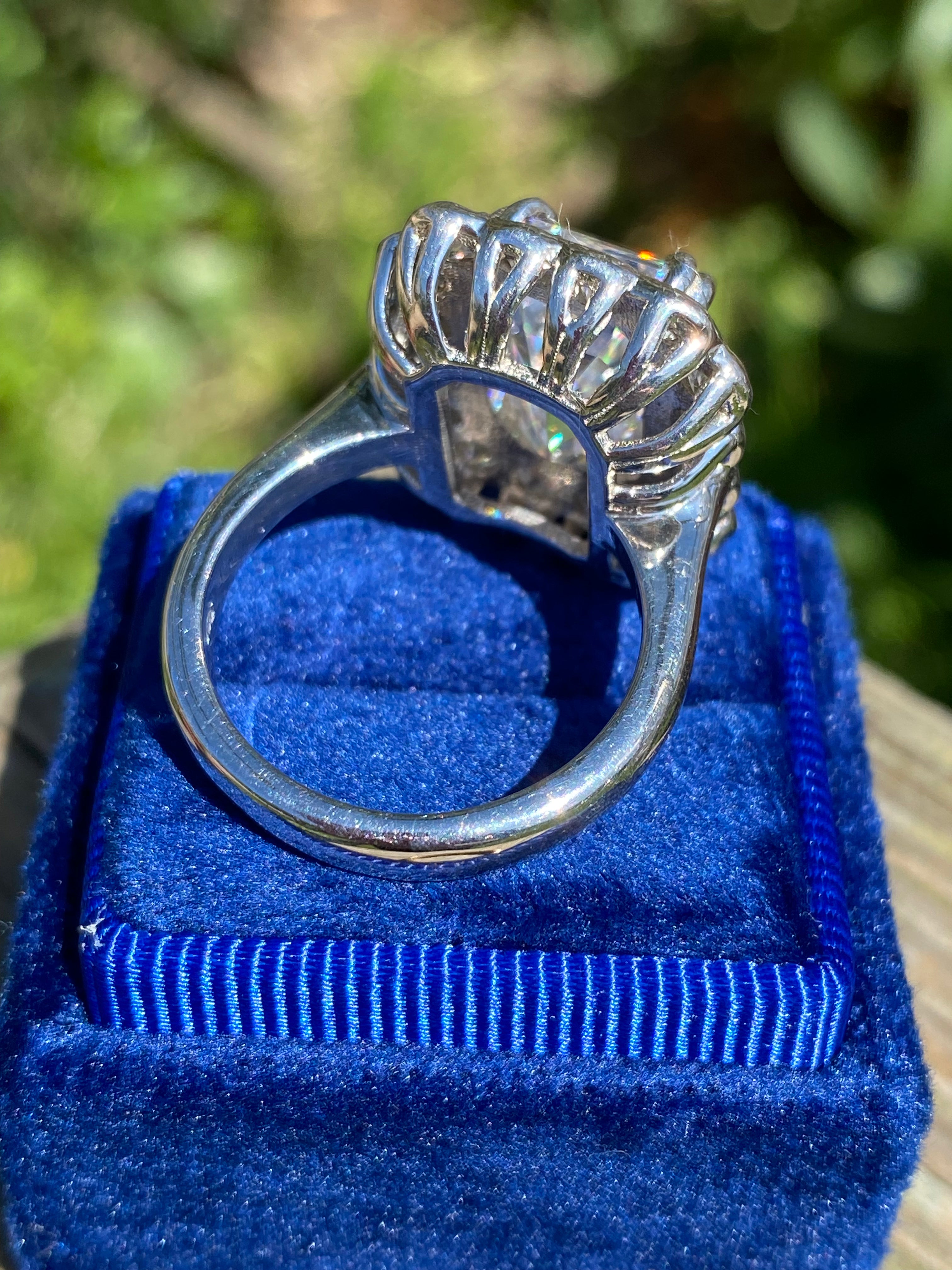 10.06 Carat Emerald Cut Moissanite Halo Engagement Ring in Sterling Silver