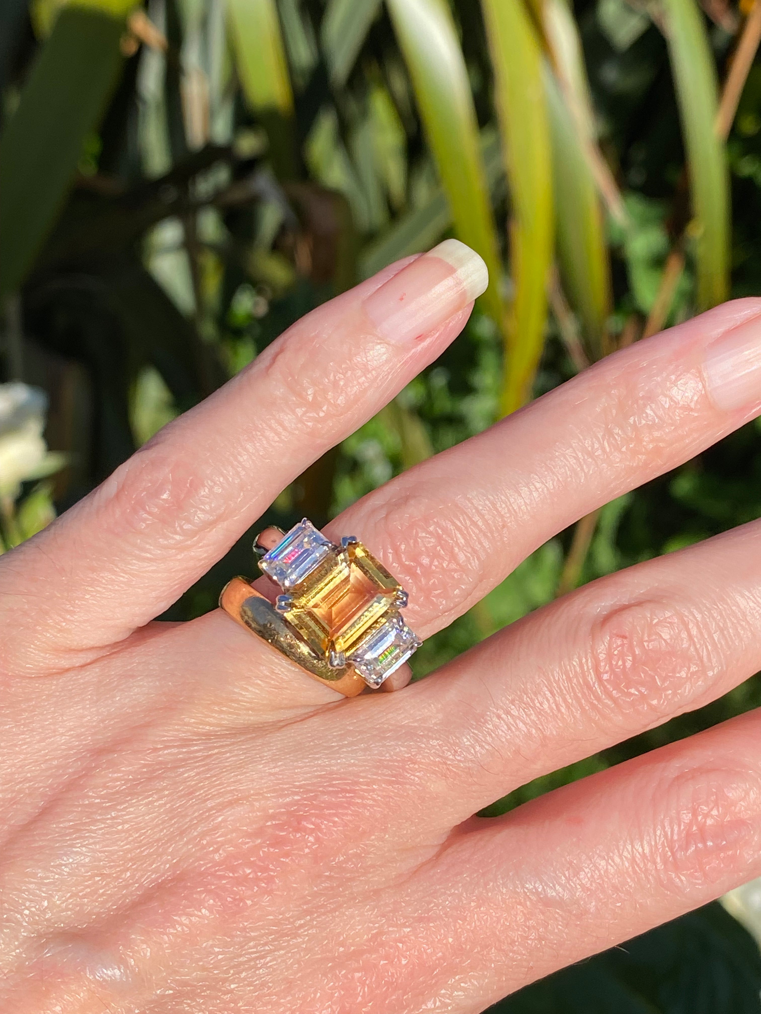 3.83 Carat Emerald Cut Citrine and 1.20 Carat Moissanite Three Stone Ring in Sterling Silver