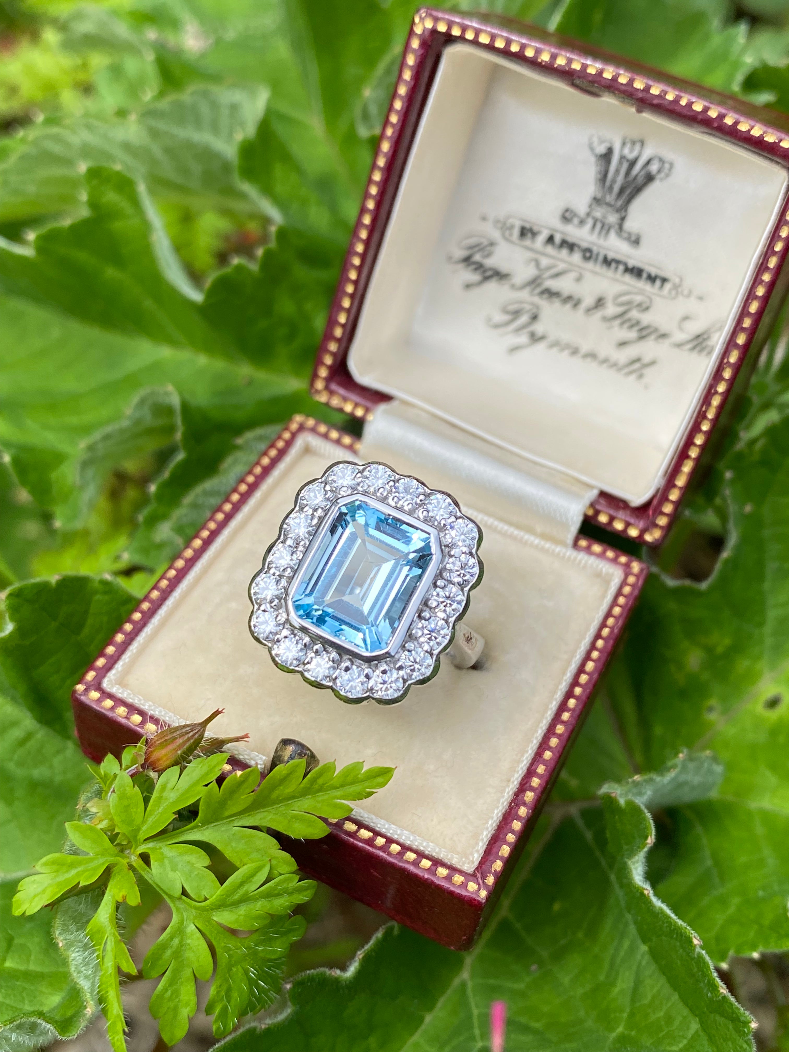 4.25 CTW Emerald Cut Blue Topaz and Moissanite Halo Cocktail Ring