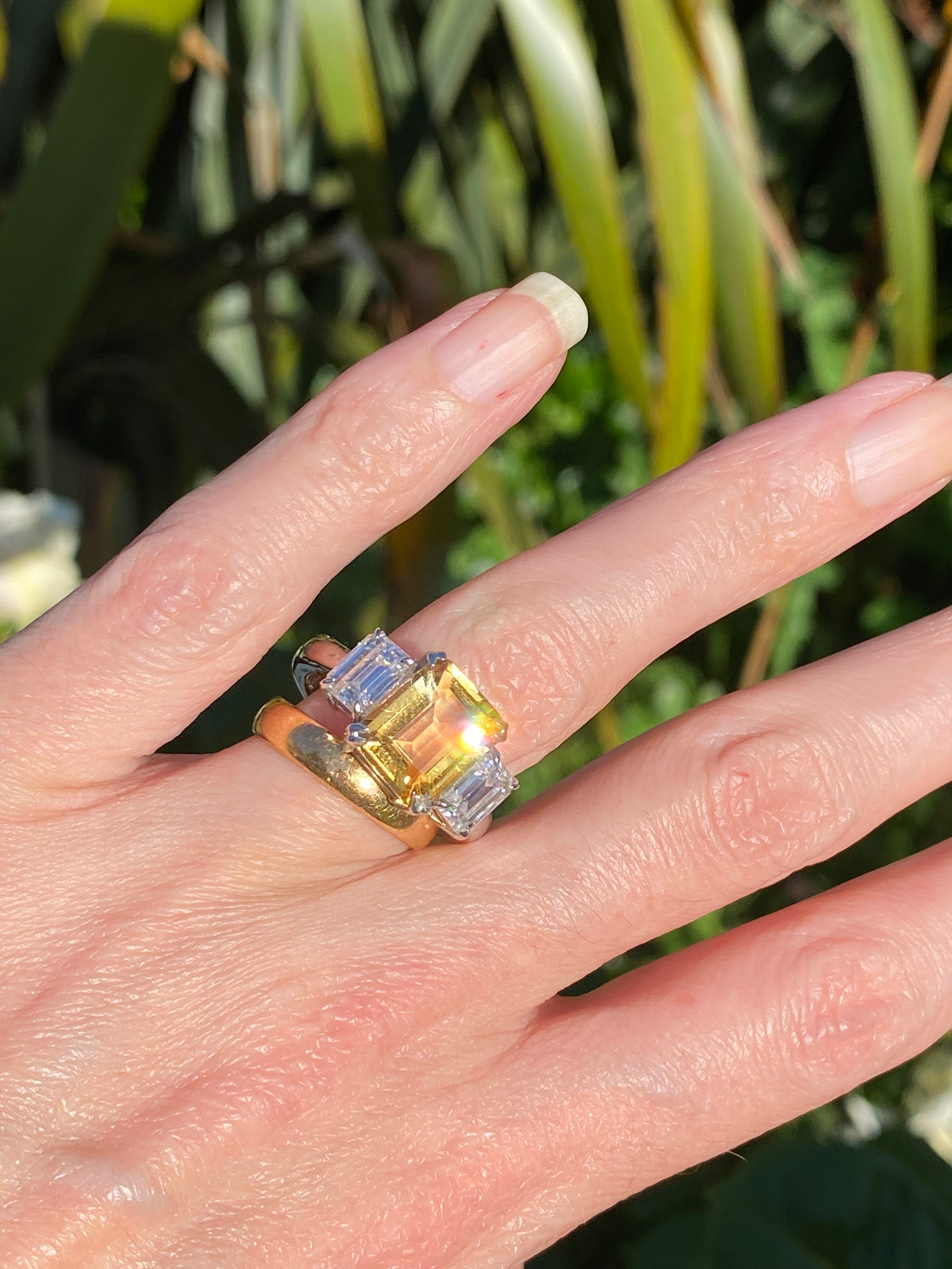 3.83 Carat Emerald Cut Citrine and 1.20 Carat Moissanite Three Stone Ring in Sterling Silver