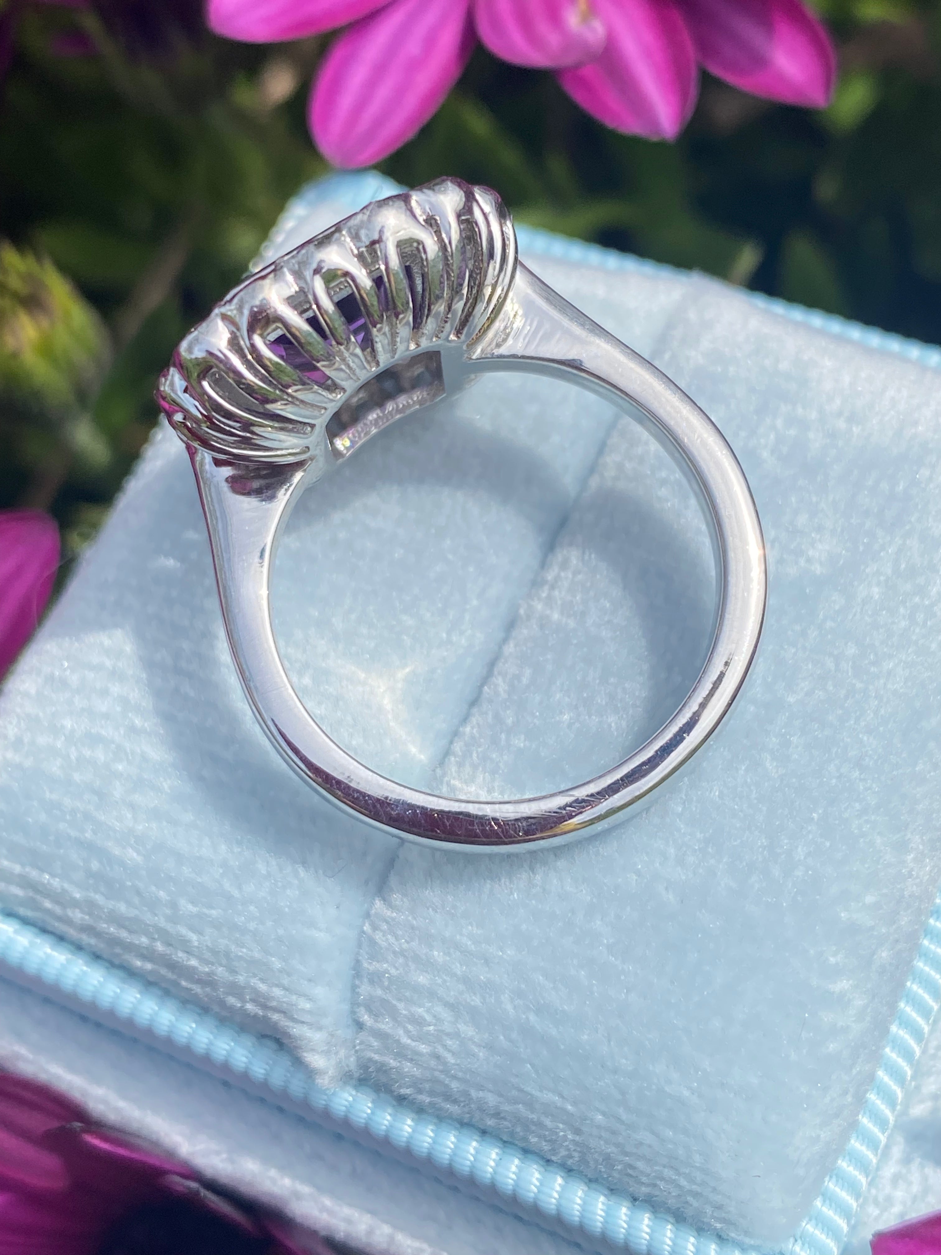 4.25 CTW Emerald Cut Amethyst and Moissanite Halo Cocktail Ring in Sterling Silver