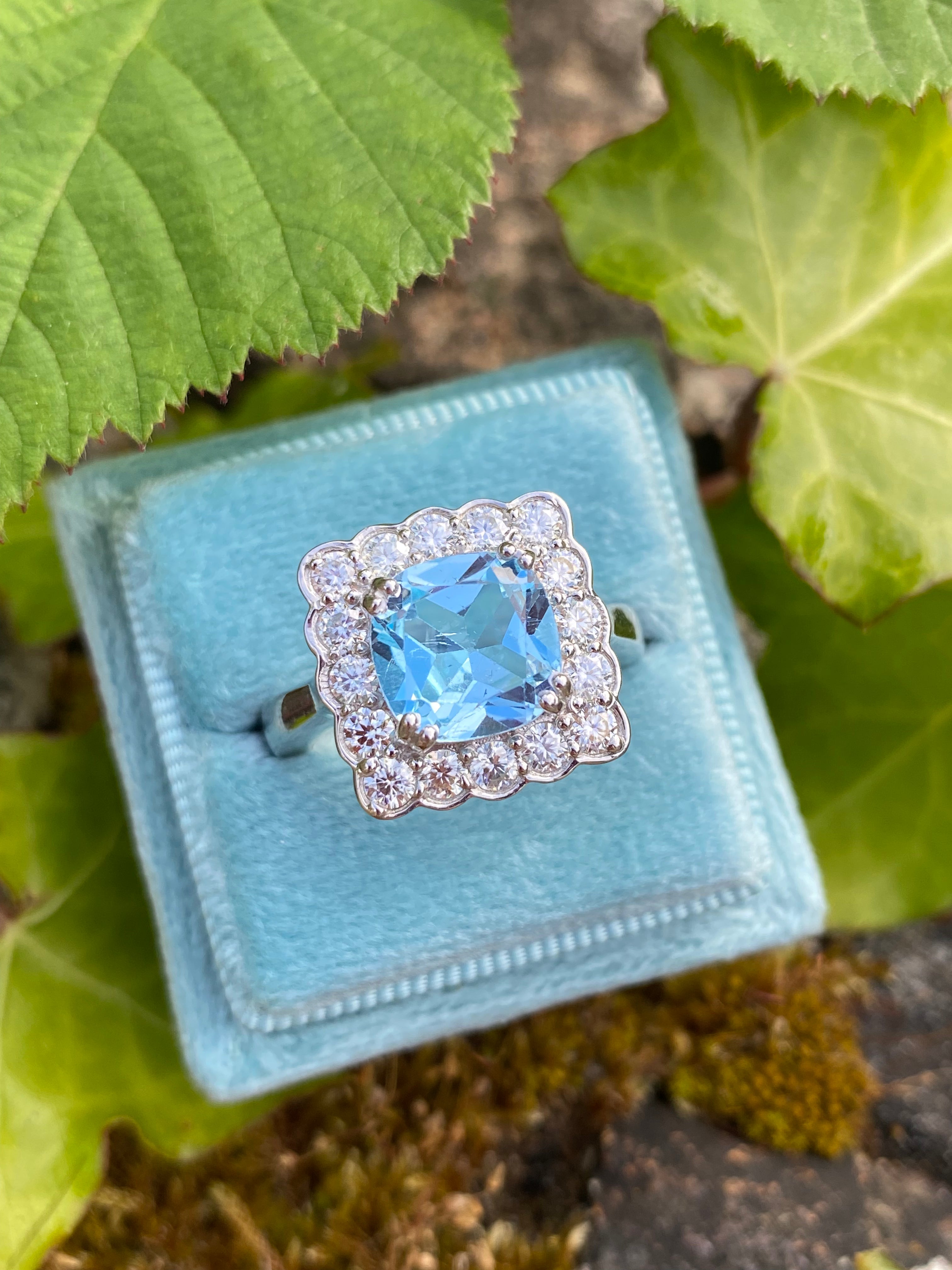 4.29 CTW Cushion Cut Blue Topaz and Moissanite Halo Cocktail Ring in Sterling Silver
