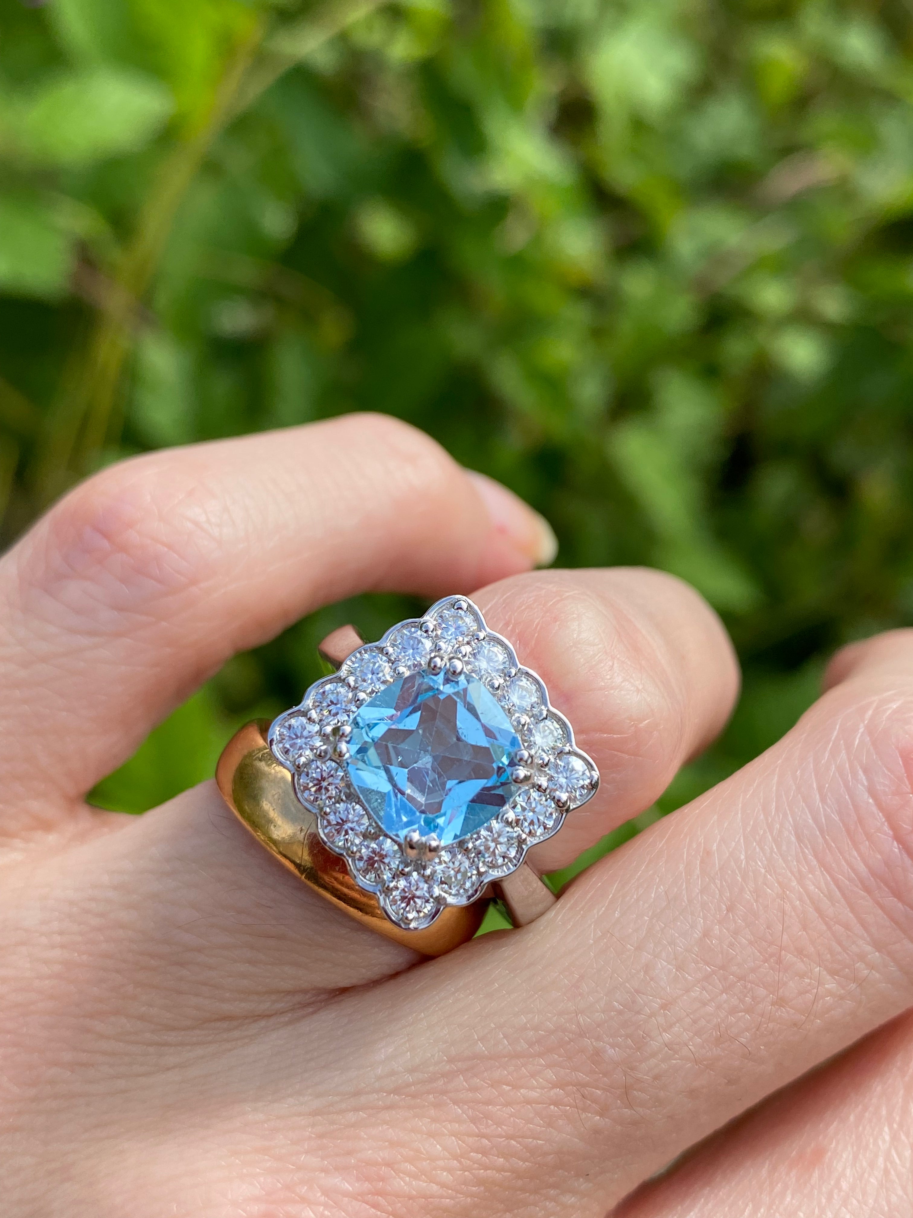4.29 CTW Cushion Cut Blue Topaz and Moissanite Halo Cocktail Ring in Sterling Silver