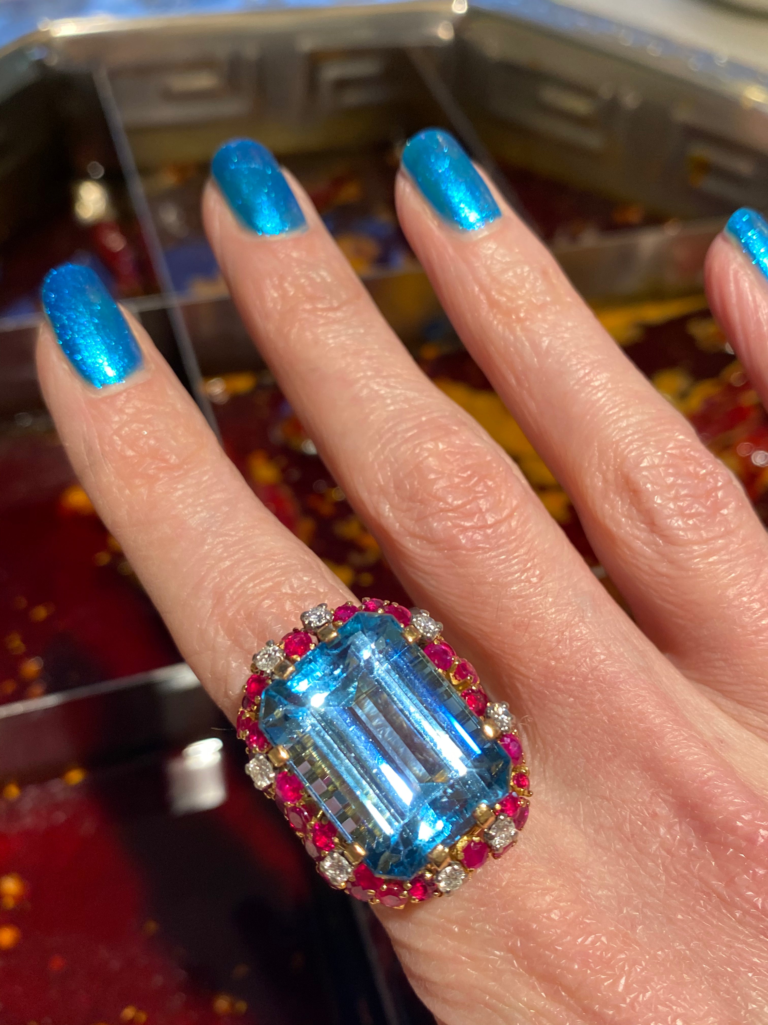 35.00 CTW Mellerio Aquamarine, Ruby, and Diamond Vintage Cocktail Ring in 18ct Yellow Gold