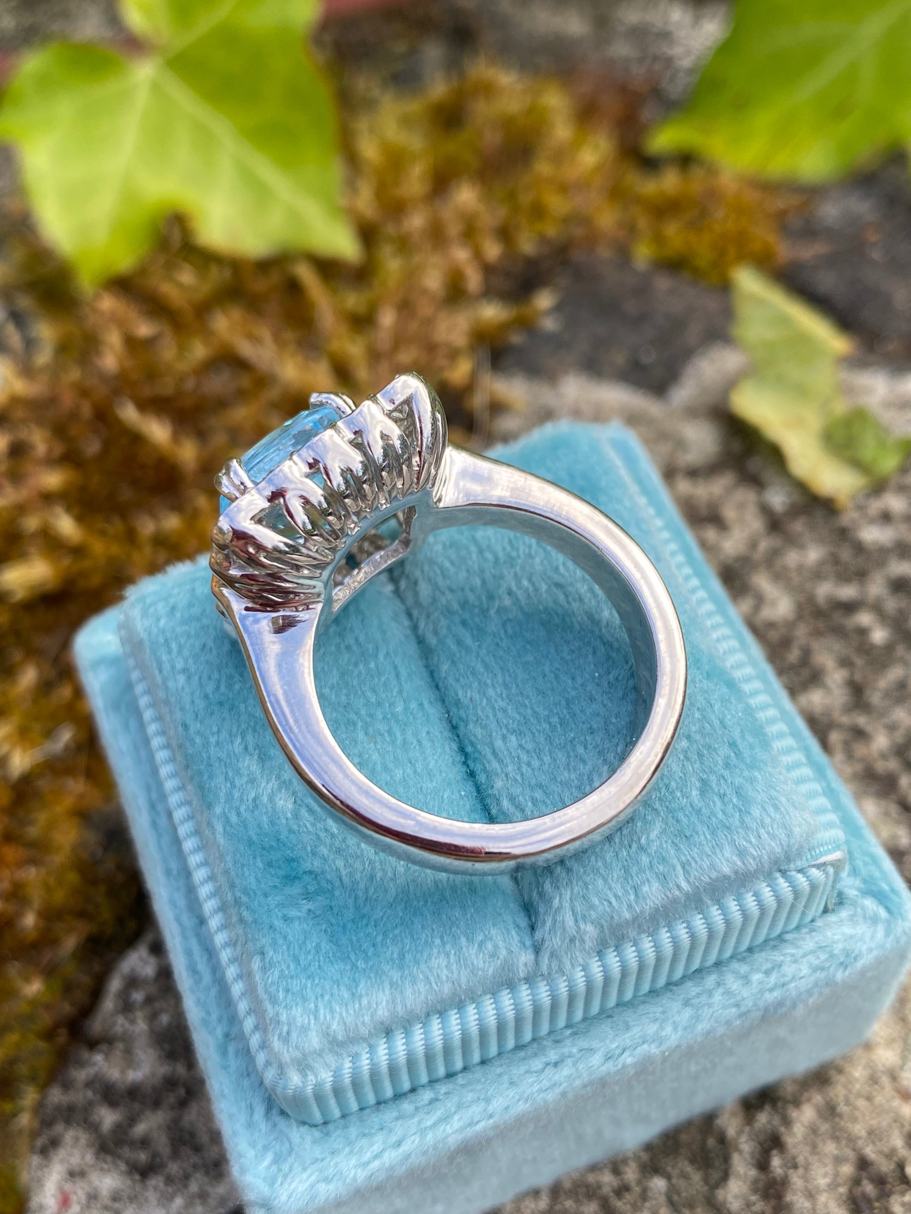 4.29 CTW Cushion Cut Blue Topaz and Moissanite Halo Cocktail Ring in Sterling Silver