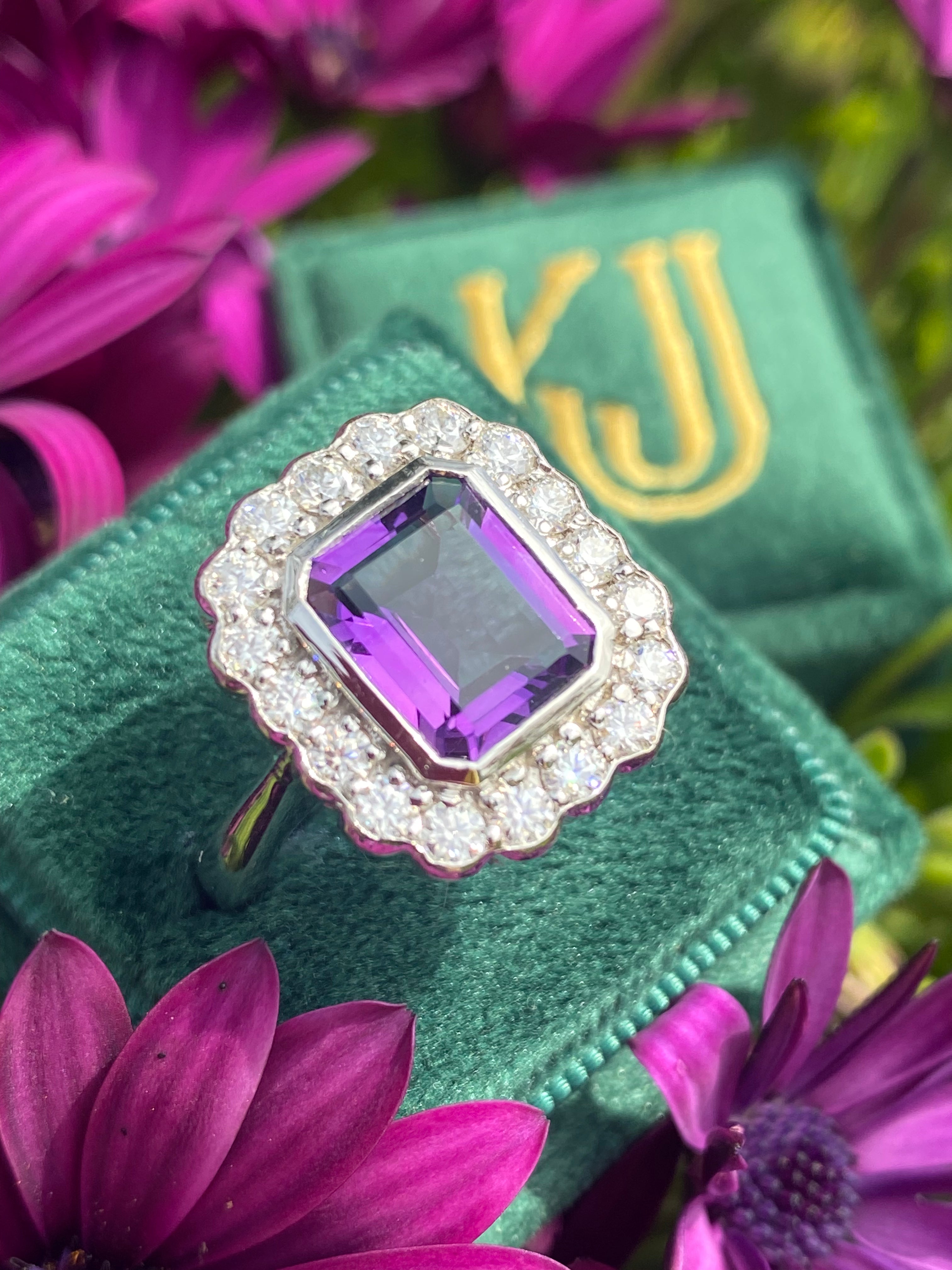 4.25 CTW Emerald Cut Amethyst and Moissanite Halo Cocktail Ring in Sterling Silver