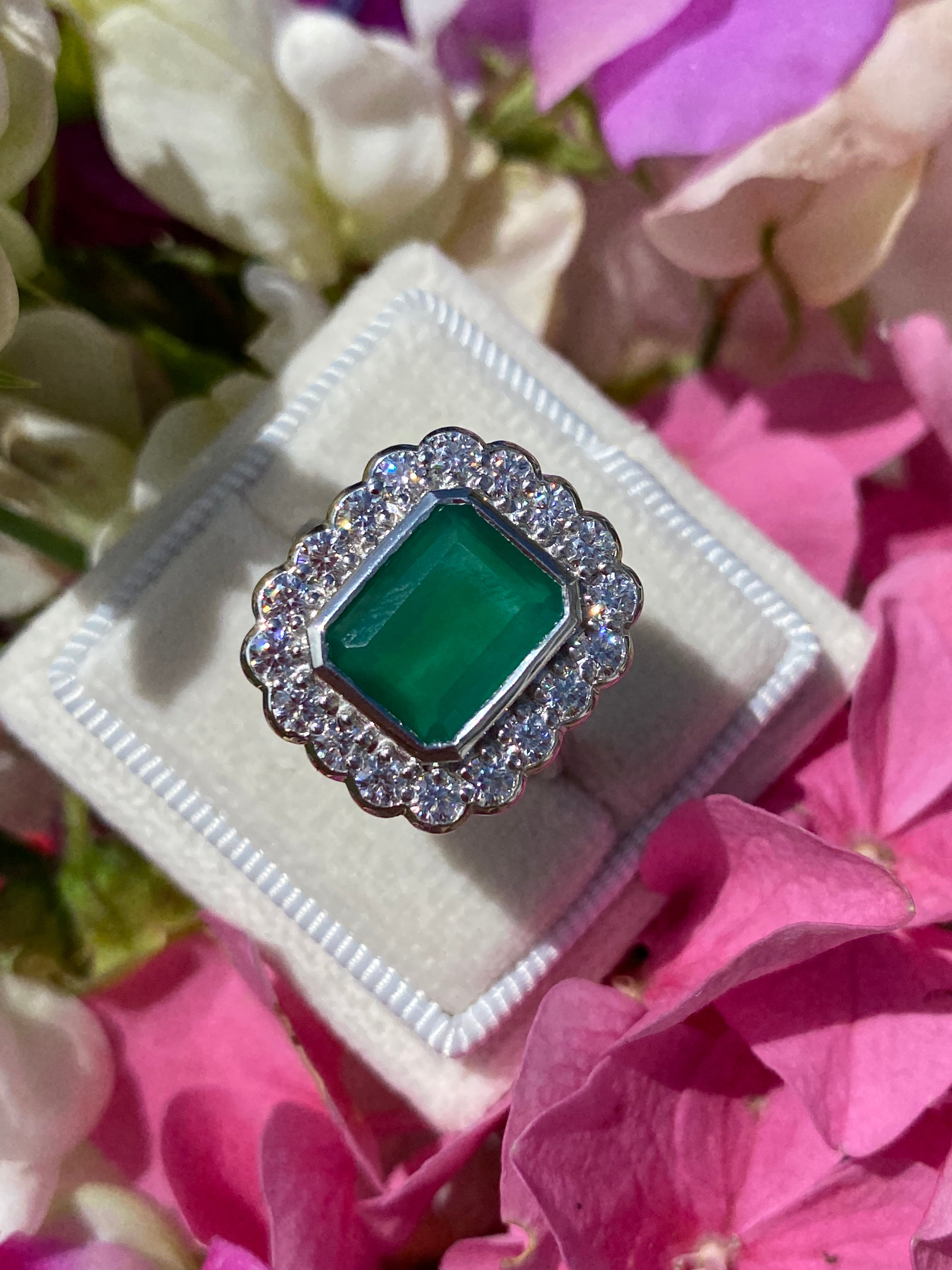 4.25 CTW Emerald Cut Green Onyx and Moissanite Halo Cocktail Ring in Sterling Silver