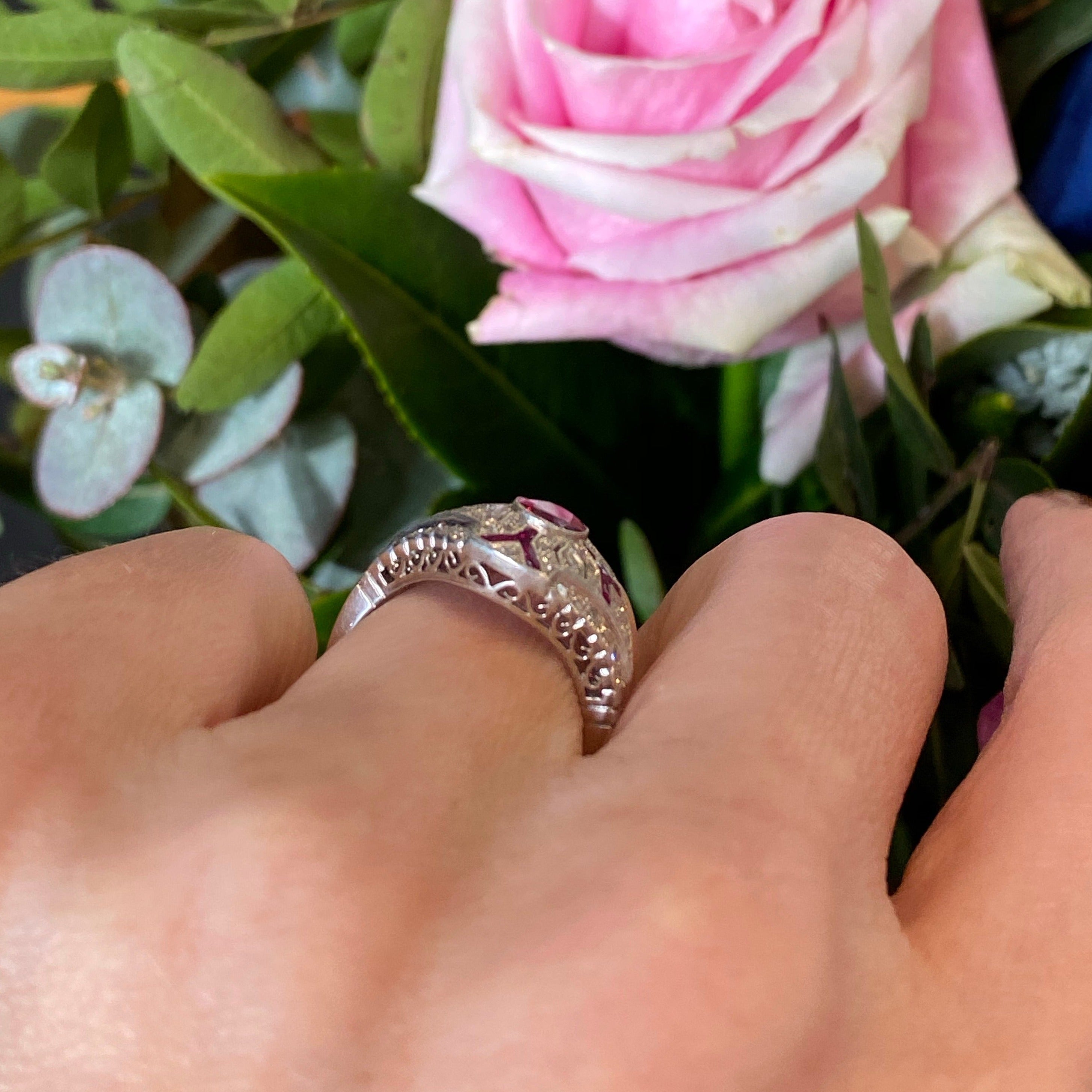 Oval Cut Ruby and Diamond Art Deco Engagement Ring in Platinum