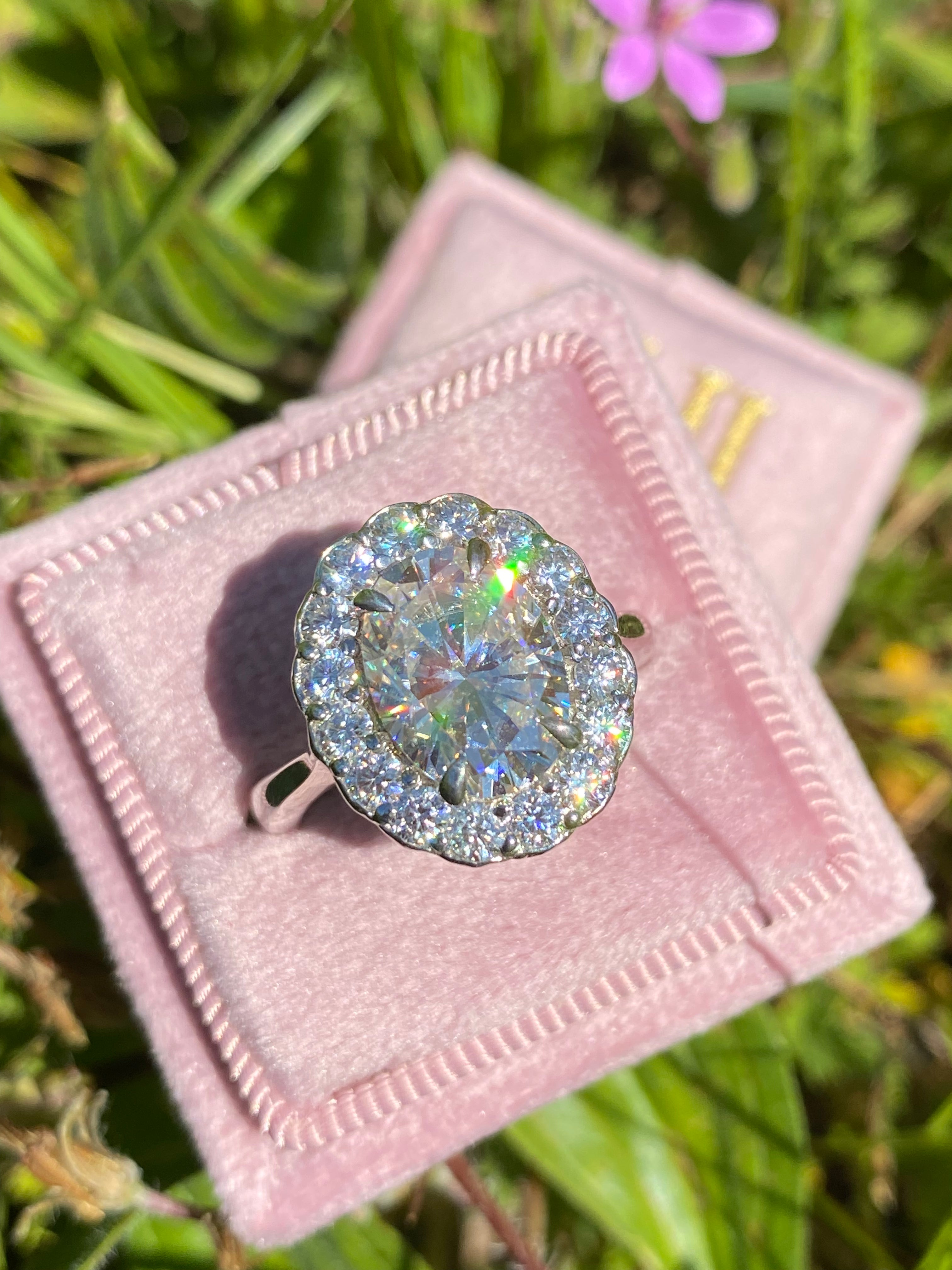 4.47 Carat Oval Cut Moissanite Oval Halo Ring in Sterling Silver