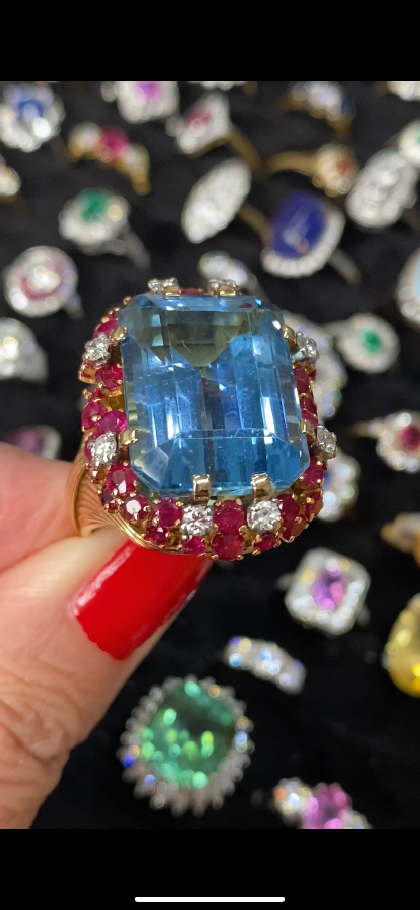 35.00 CTW Mellerio Aquamarine, Ruby, and Diamond Vintage Cocktail Ring in 18ct Yellow Gold