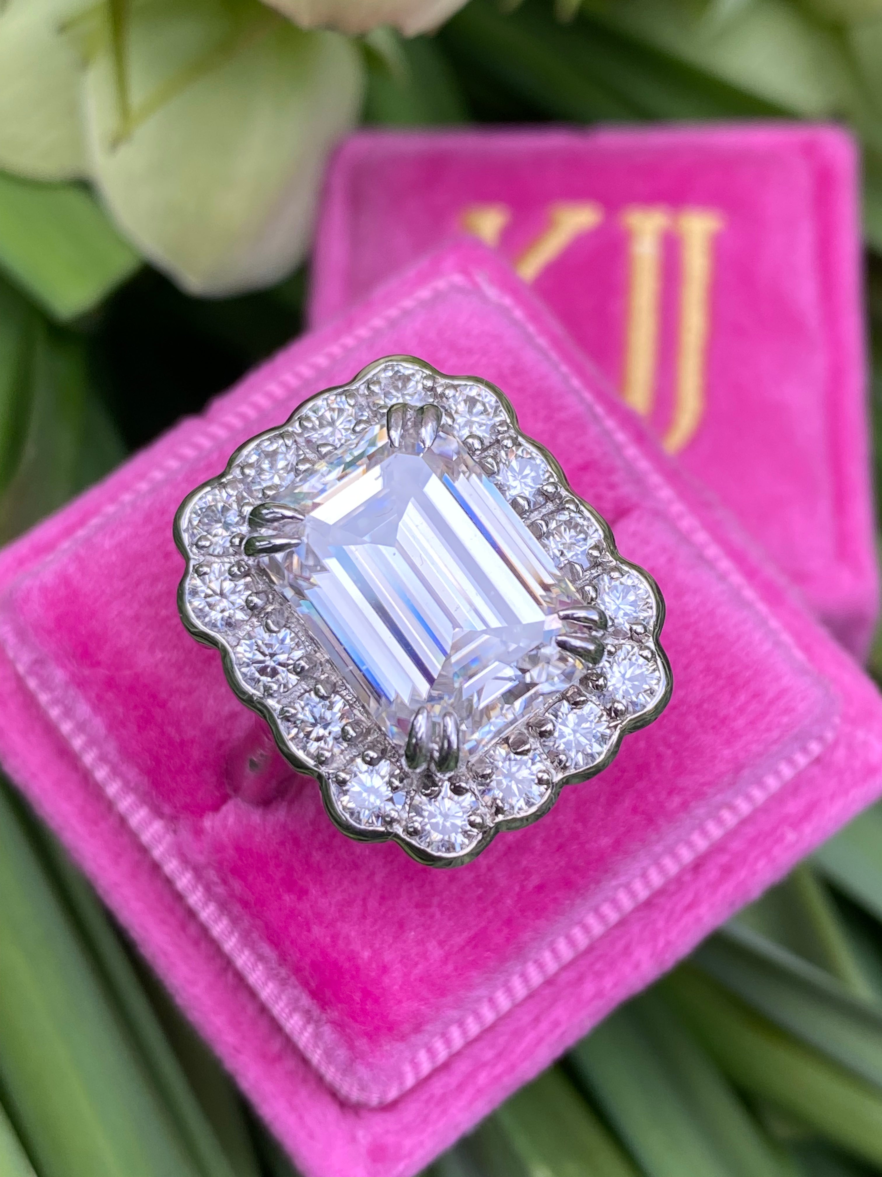 10.06 Carat Emerald Cut Moissanite Halo Engagement Ring in Sterling Silver