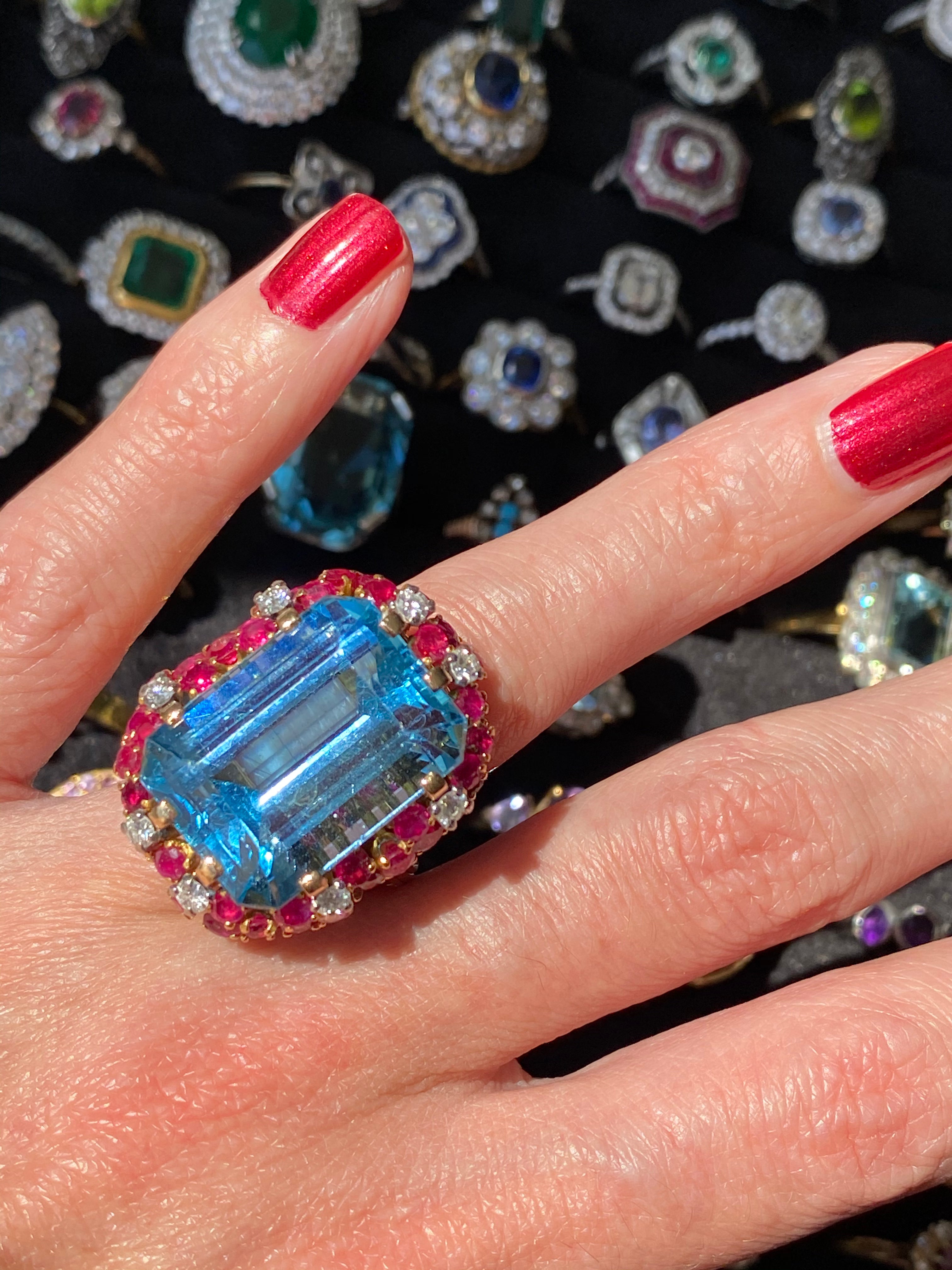 35.00 CTW Mellerio Aquamarine, Ruby, and Diamond Vintage Cocktail Ring in 18ct Yellow Gold