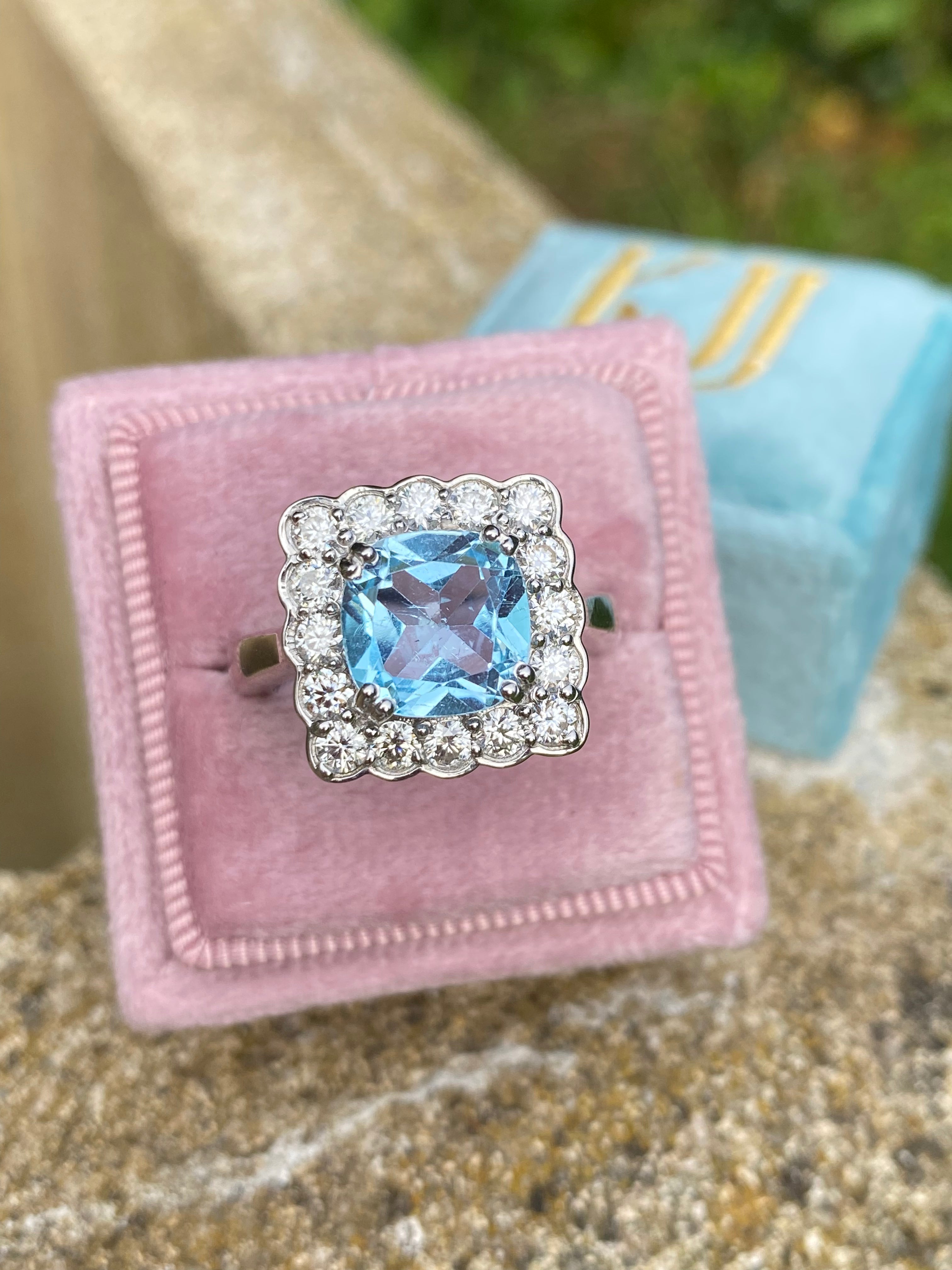 4.29 CTW Cushion Cut Blue Topaz and Moissanite Halo Cocktail Ring in Sterling Silver