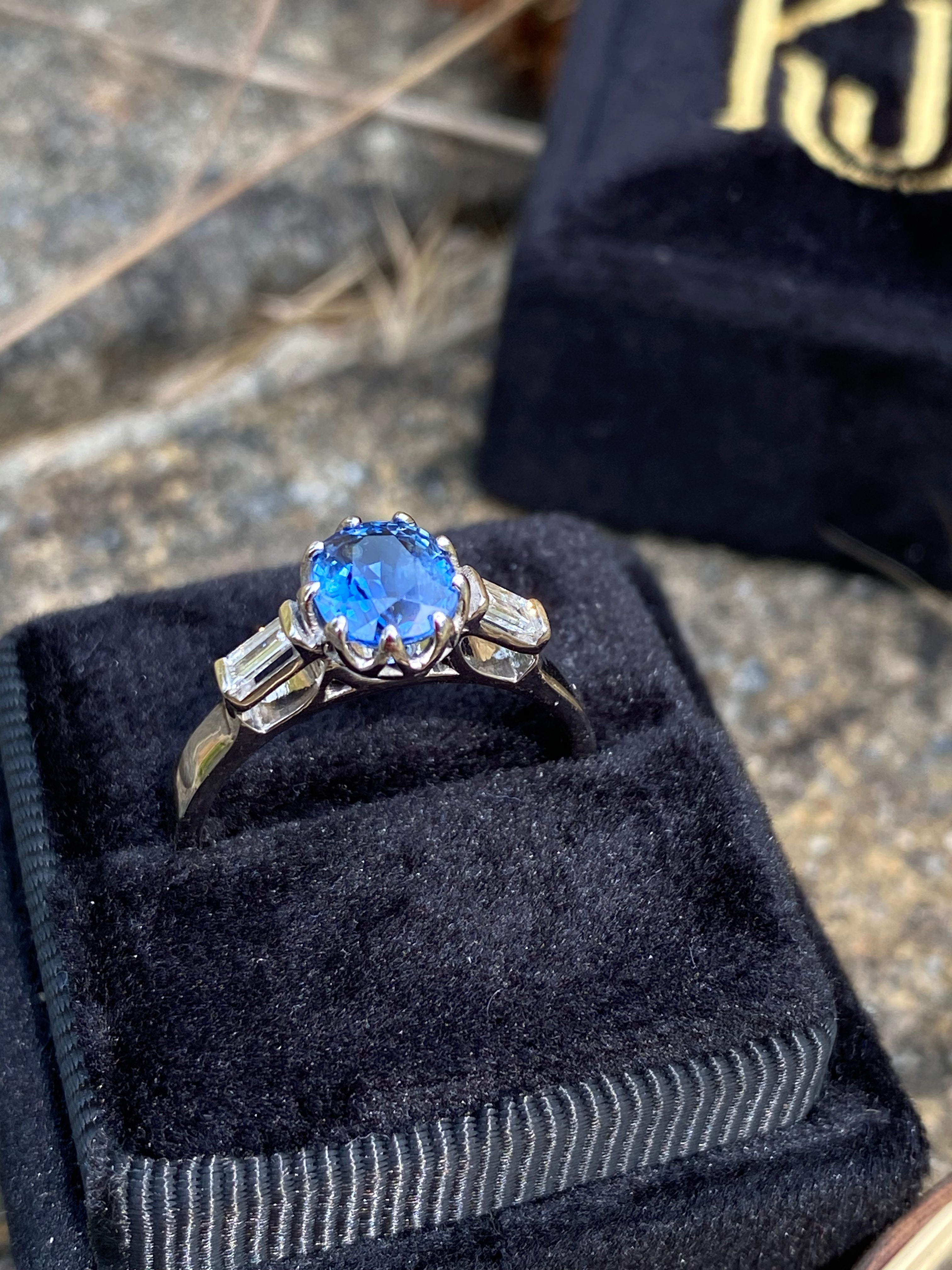 1.25 Carat Blue Ceylon Sapphire and Diamond Three Stone Ring in Platinum