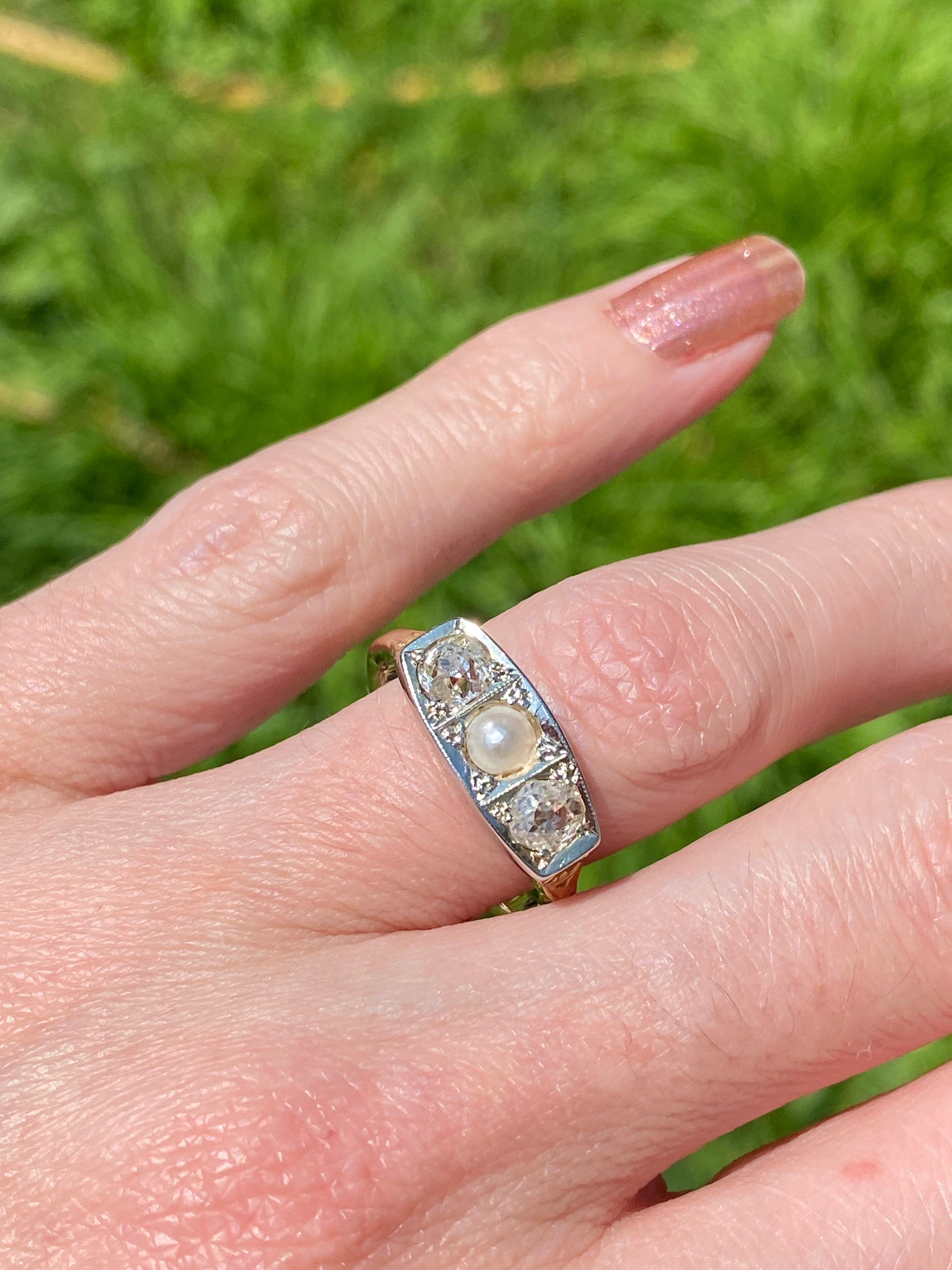 Antique Old Cut Diamond and Pearl Ring in 18ct Yellow Gold
