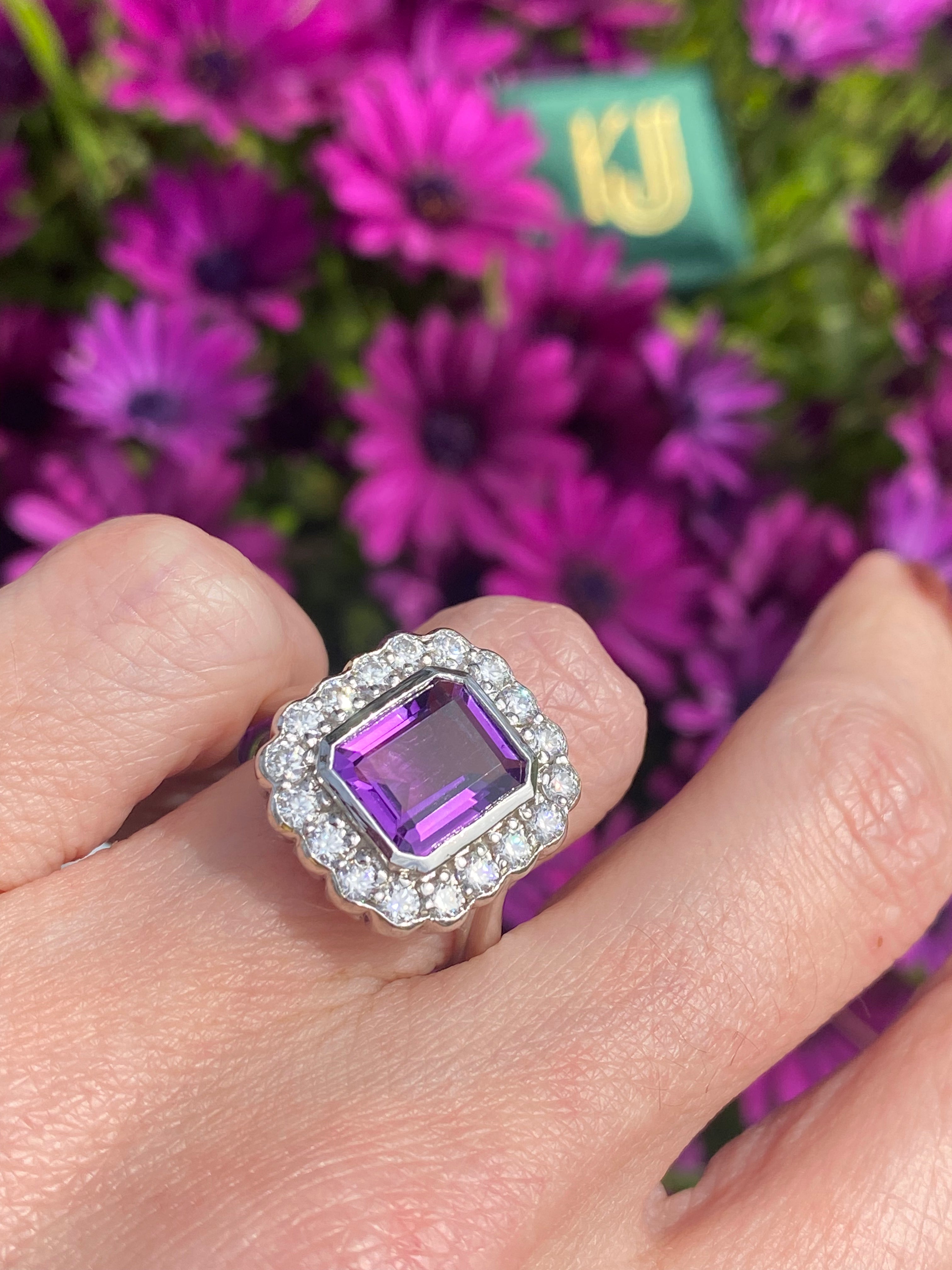4.25 CTW Emerald Cut Amethyst and Moissanite Halo Cocktail Ring in Sterling Silver