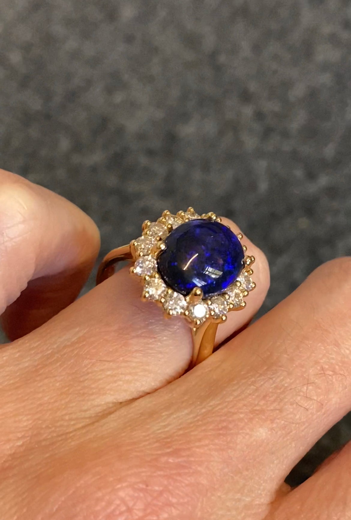 3.57 Carat Vintage Black Opal and Diamond Halo Ring in 18ct Yellow Gold