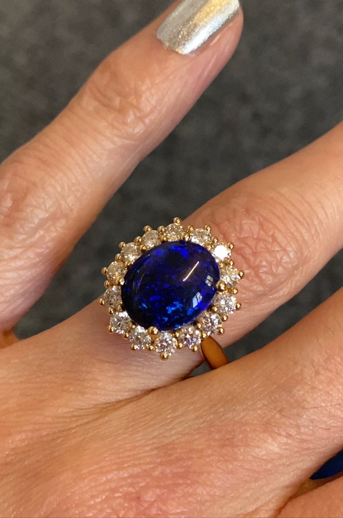 3.57 Carat Vintage Black Opal and Diamond Halo Ring in 18ct Yellow Gold