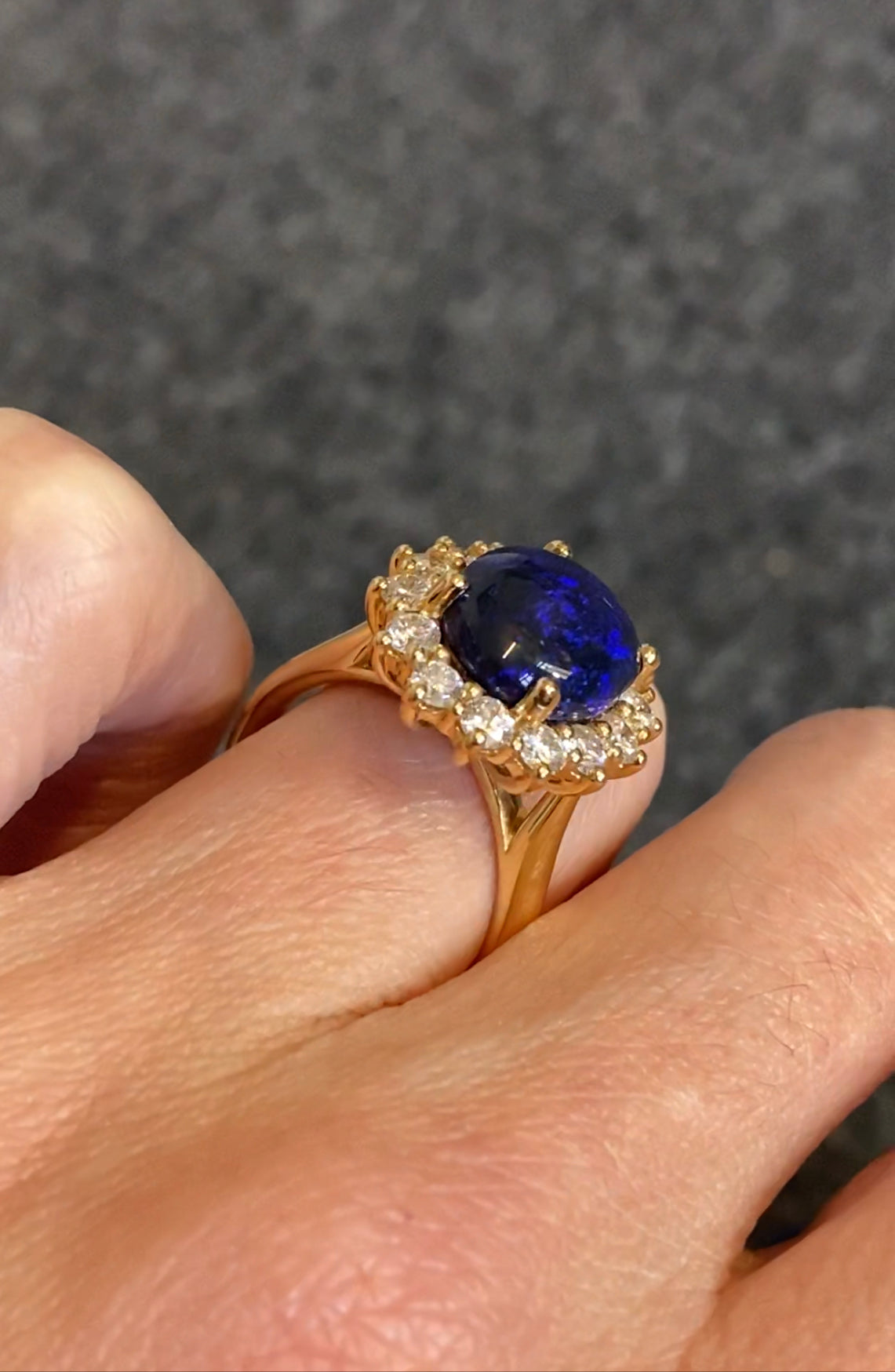 3.57 Carat Vintage Black Opal and Diamond Halo Ring in 18ct Yellow Gold