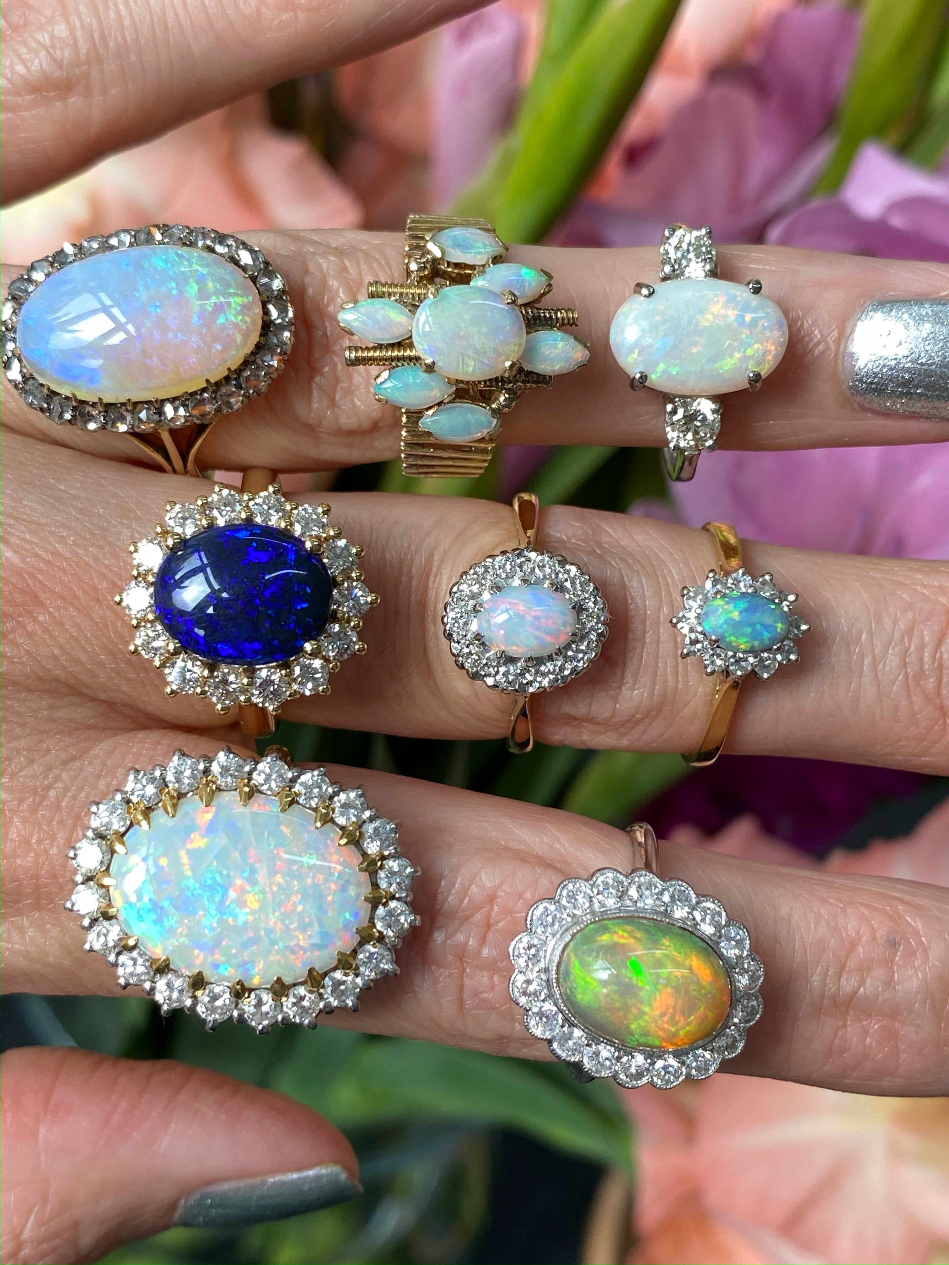 3.57 Carat Vintage Black Opal and Diamond Halo Ring in 18ct Yellow Gold