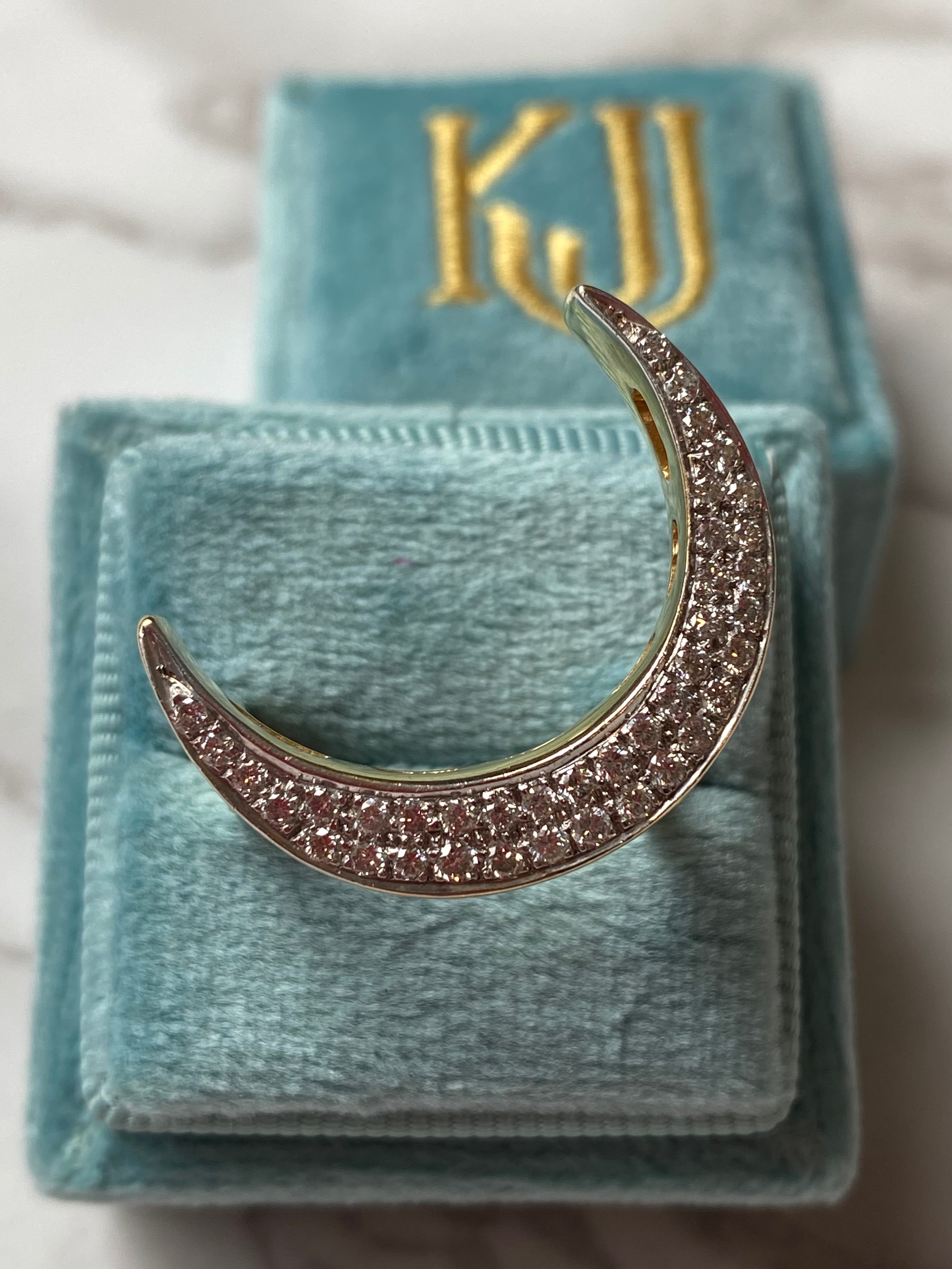 Diamond pave crescent moon cocktail ring in yellow gold 
