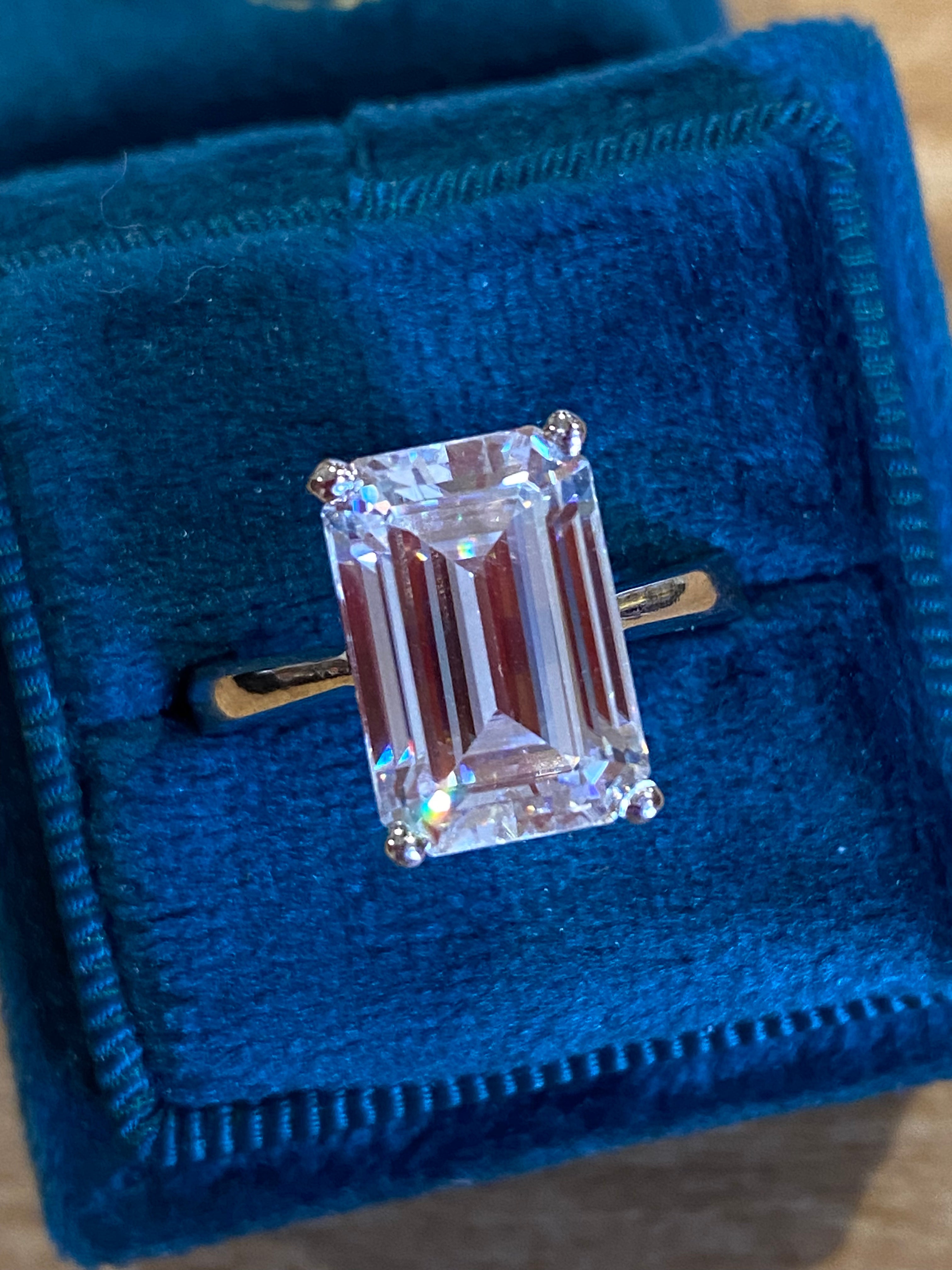 5 Carat Emerald Cut Moissanite Engagement Ring in Sterling Silver Katherine James Jewellery 