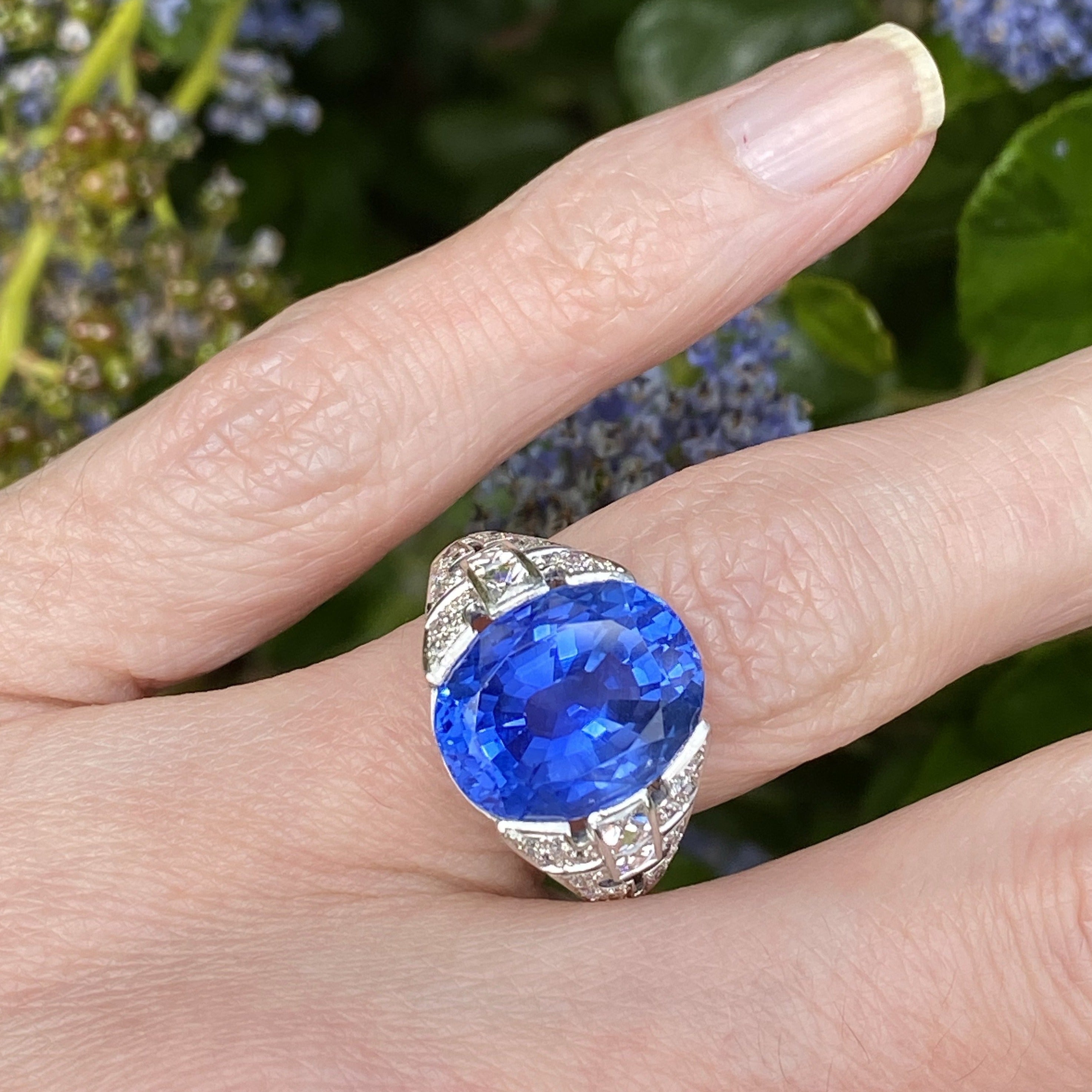 10.05 Carat Certified Unheated Blue Ceylon Sapphire and Diamond Art Deco Ring