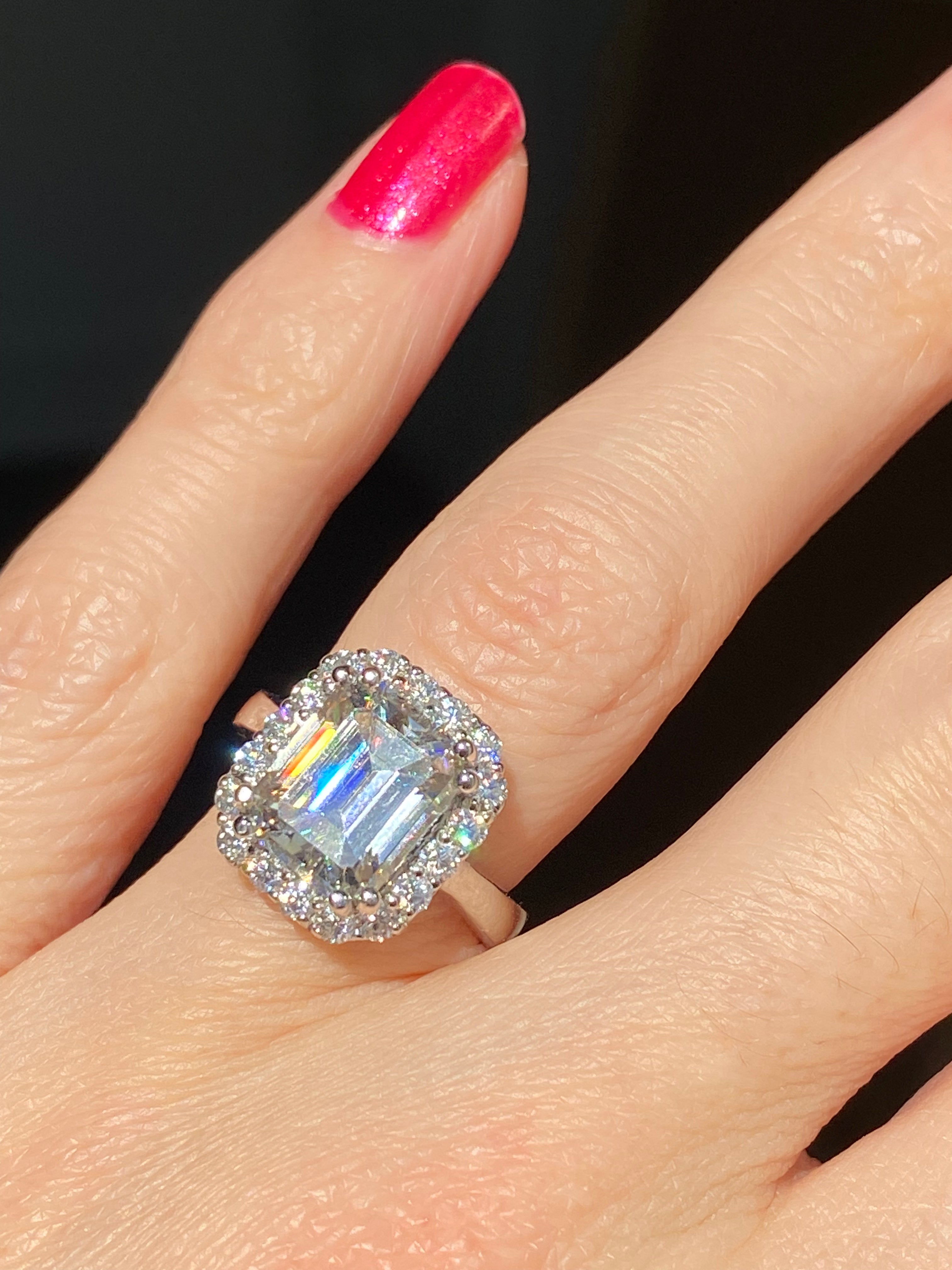 4 Carat Emerald Cut Moissanite Halo Engagement Ring Katherine James Jewellery 