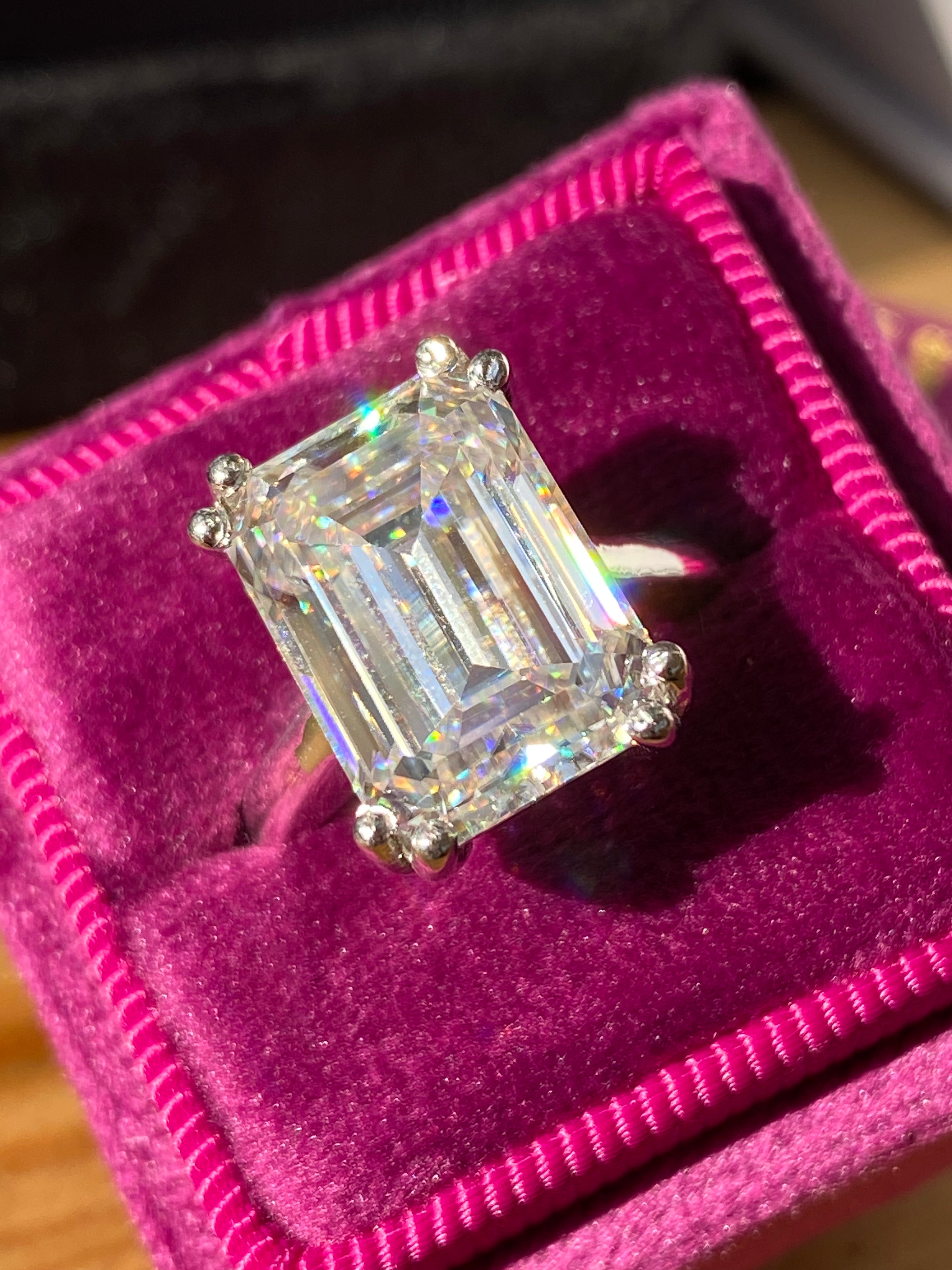 8.65 Carat Emerald Cut Moissanite Engagement Ring Katherine James Jewellery 