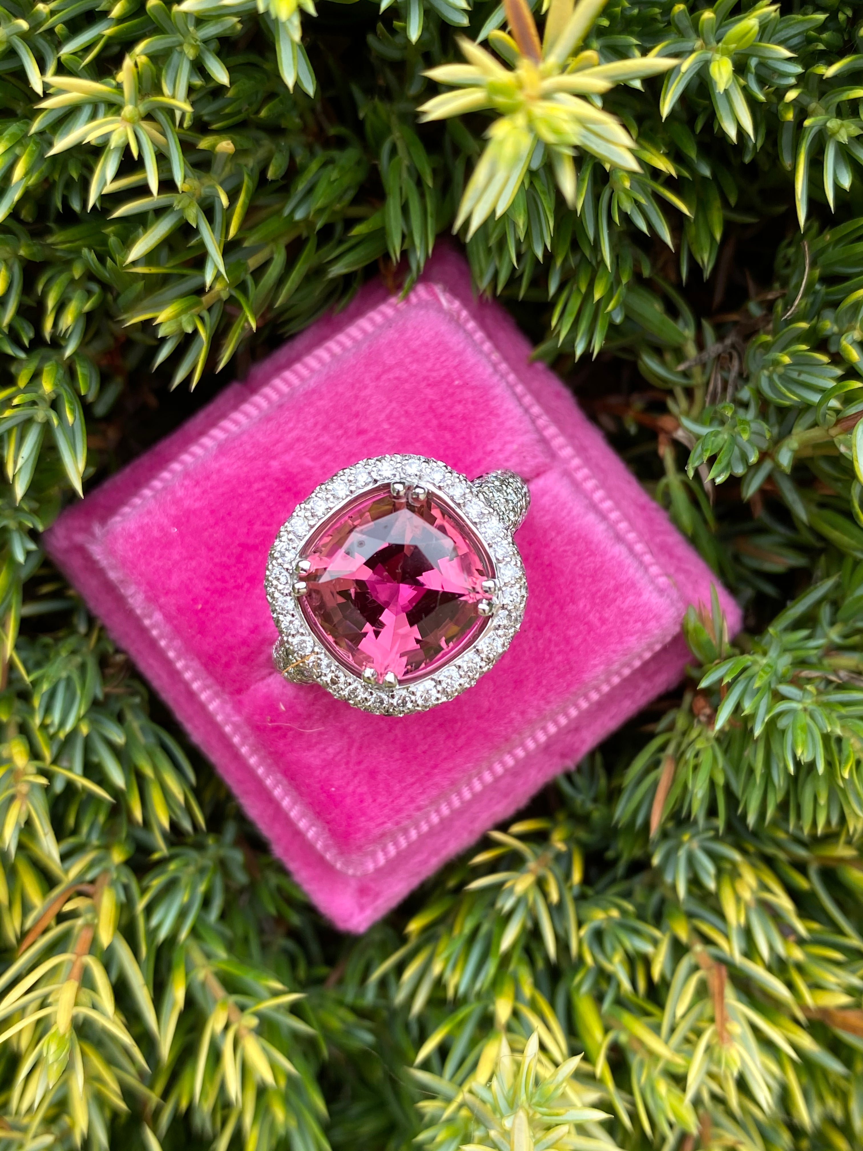 7.50 CTW Cushion Cut Pink Tourmaline and Diamond Halo Ring in 18ct White Gold