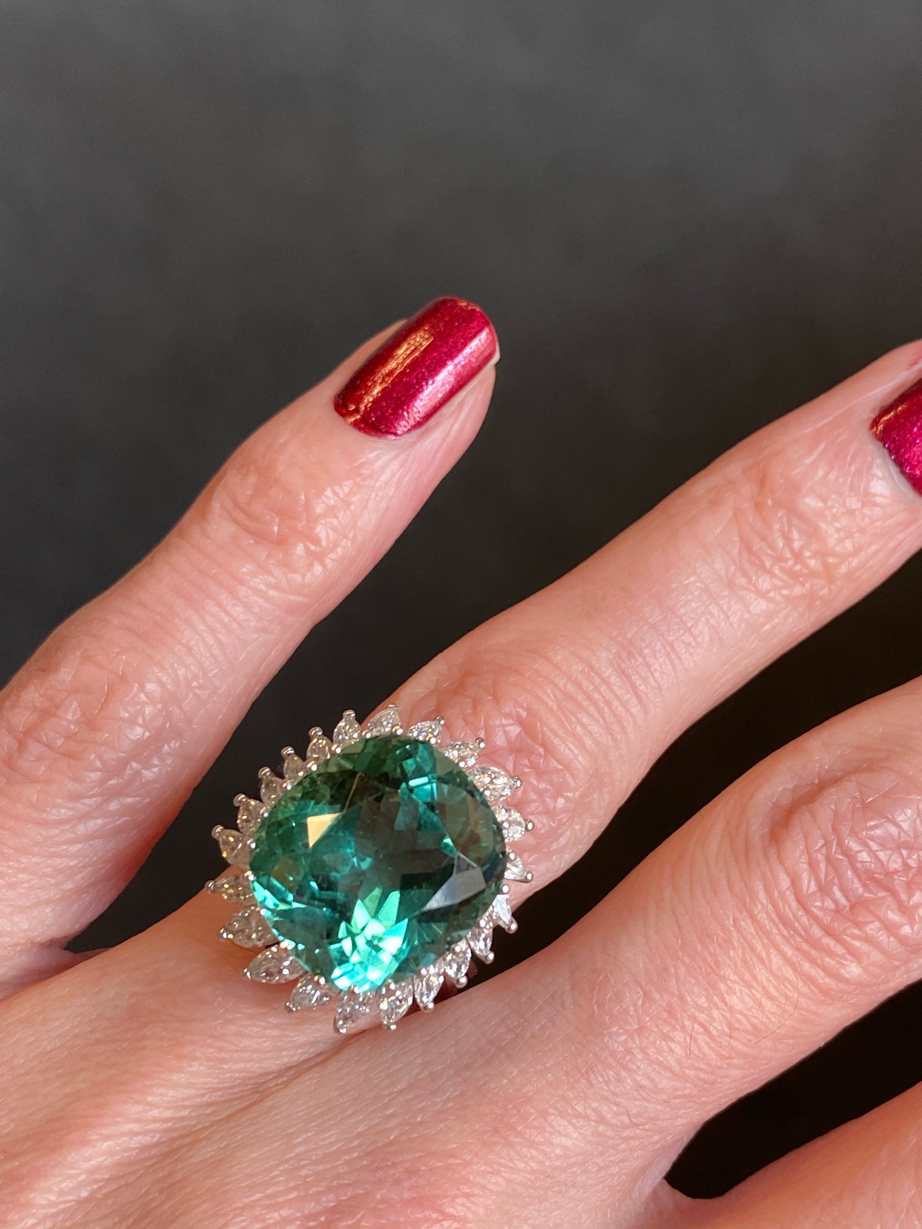 15.98 CTW Cushion Cut Green Tourmaline and Diamond Halo Ring in 18ct White Gold