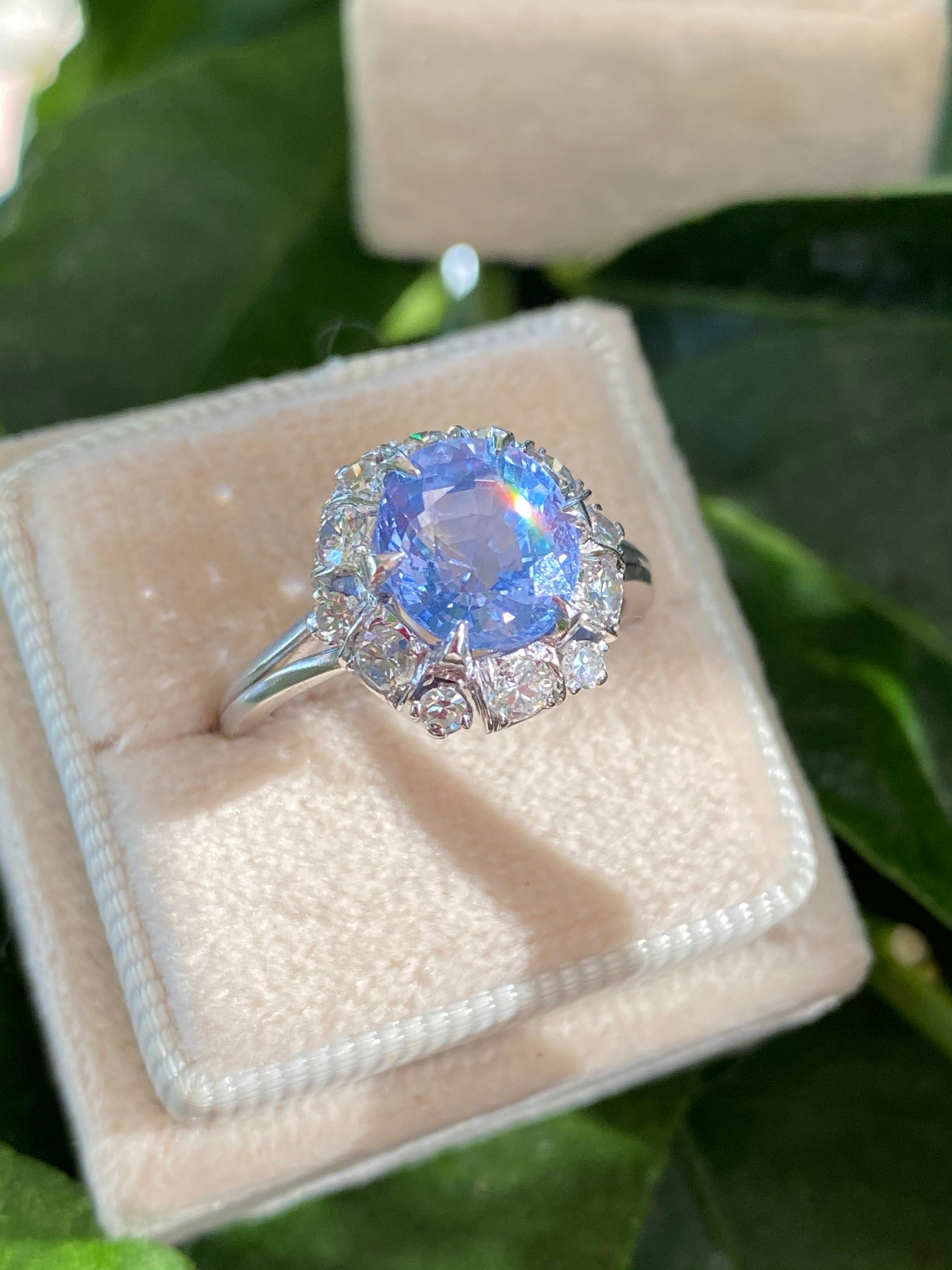 3.51 Carat Blue Ceylon Sapphire and Diamond Halo Ring in Platinum 