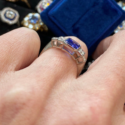 1.50 Carat emerald-cut Tanzanite and Diamond Art Deco Bezel Engagement Ring in Platinum