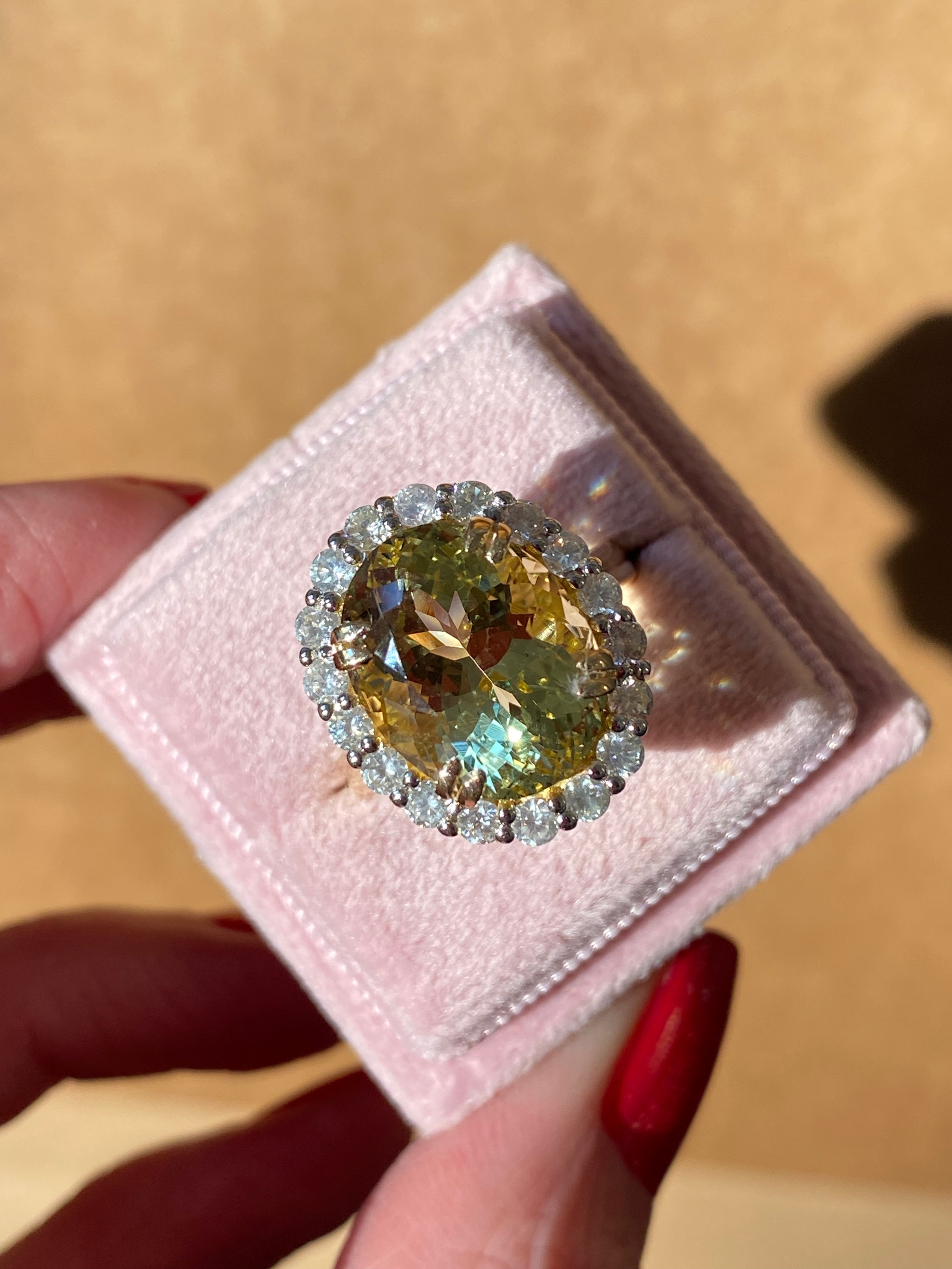 7.50ct Yellow Aquamarine and 1.00ct Diamond Halo Ring in 18ct Yellow Gold