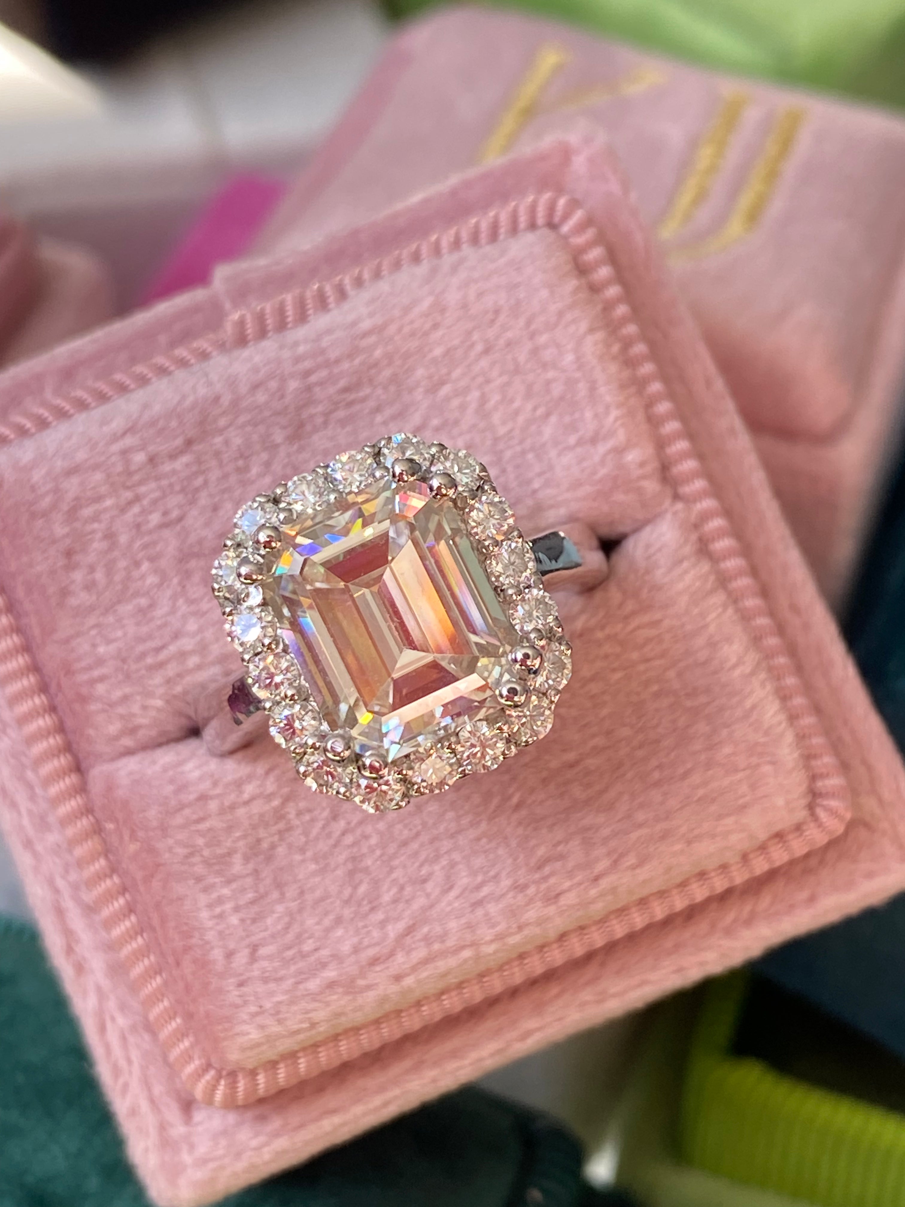 4 Carat Emerald Cut Moissanite Halo Engagement Ring Katherine James Jewellery 