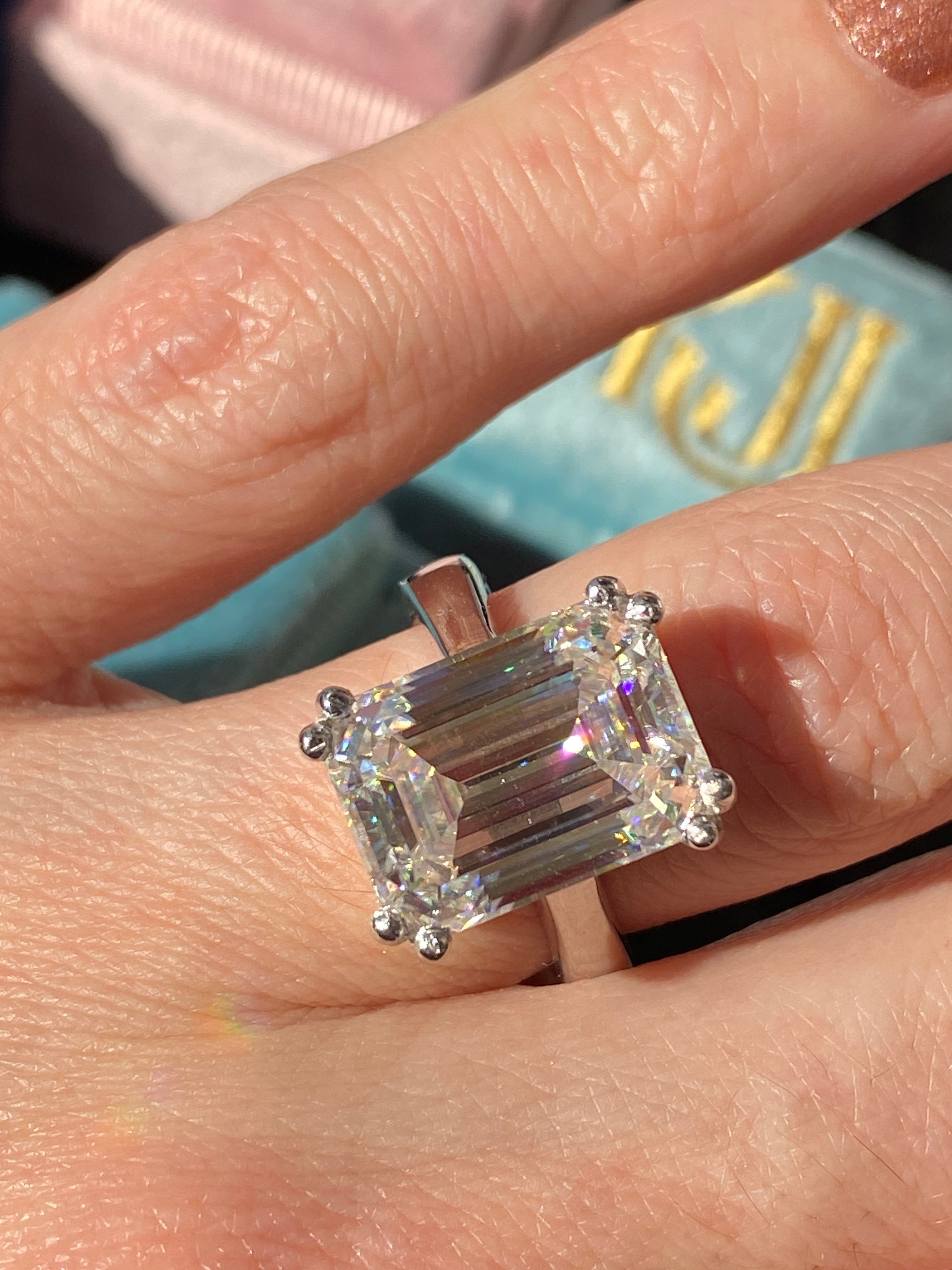 8.65 Carat Emerald Cut Moissanite Engagement Ring Katherine James Jewellery 
