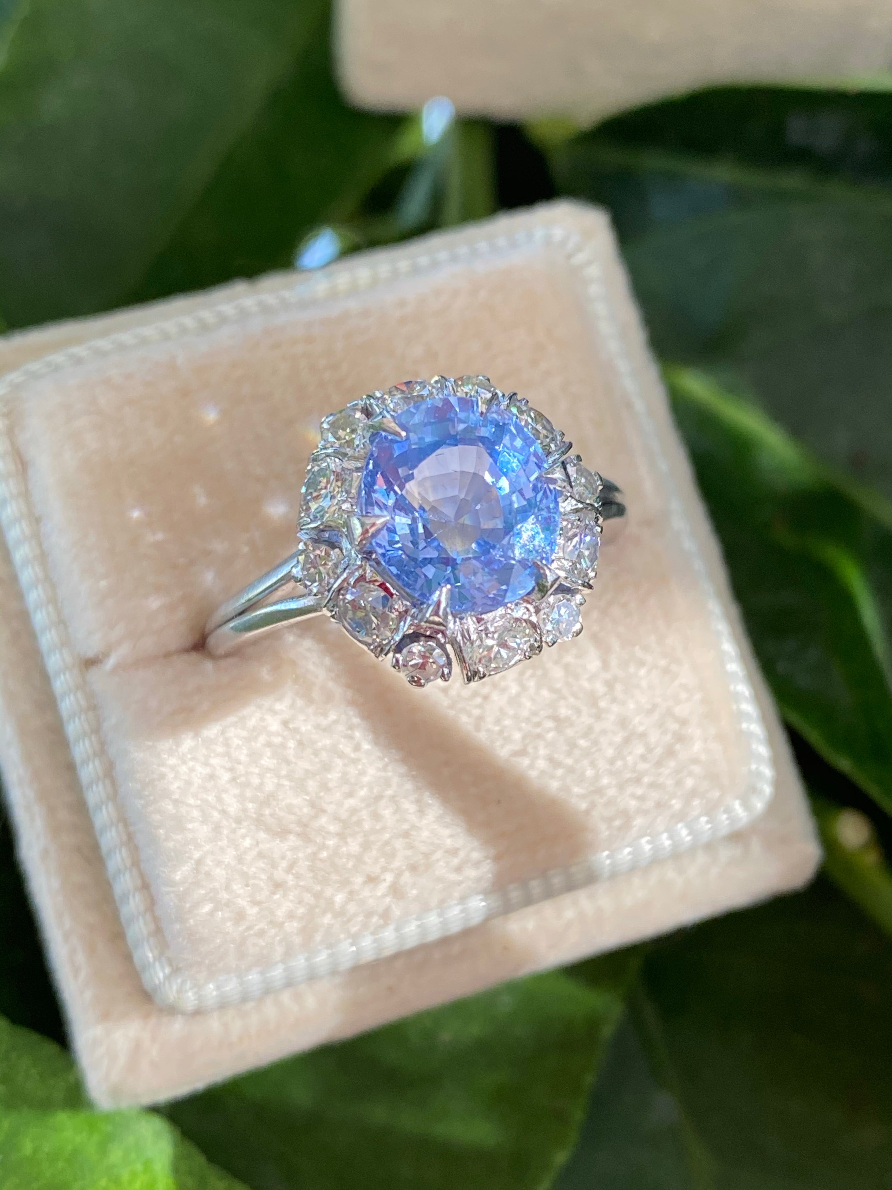 3.51 Carat Blue Ceylon Sapphire and Diamond Halo Ring in Platinum 