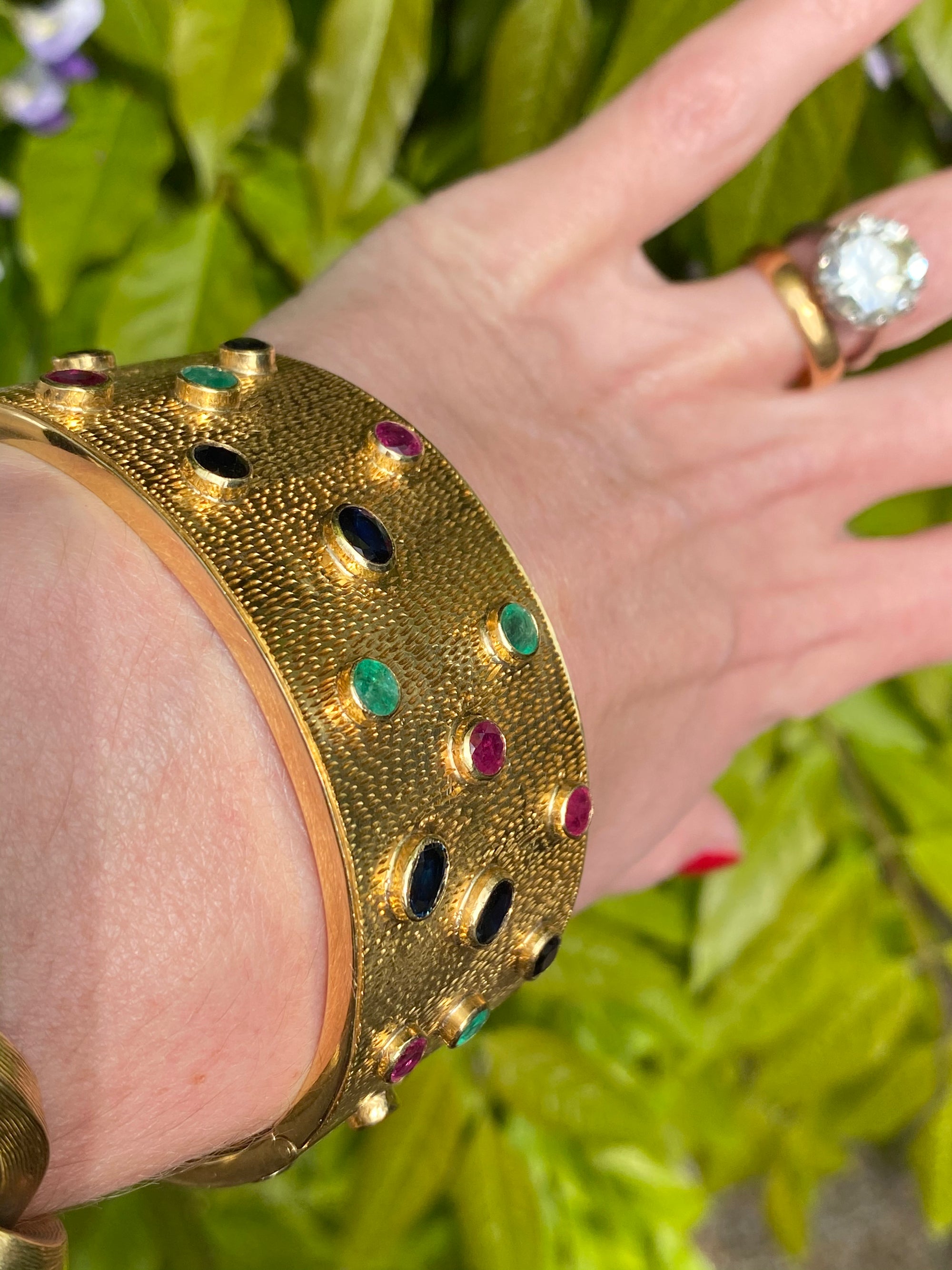 Vintage Ruby, Blue Sapphire and Emerald Cuff Bracelet in 18ct Yellow Gold