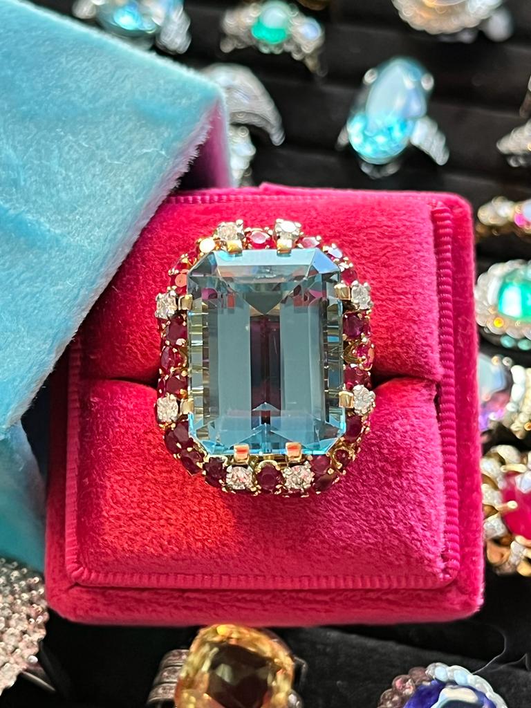 35.00 CTW Mellerio Aquamarine, Ruby, and Diamond Vintage Cocktail Ring in 18ct Yellow Gold
