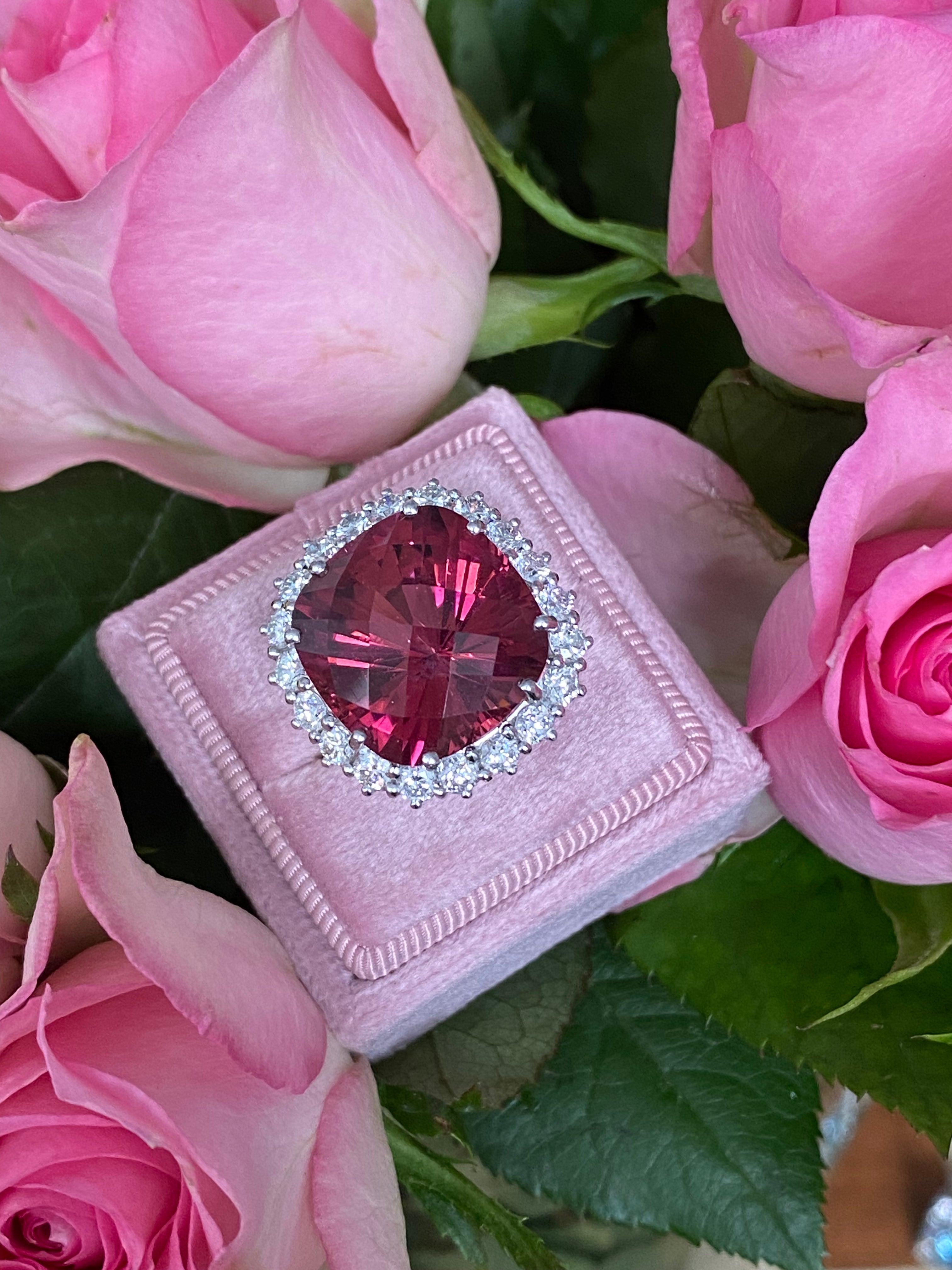 17.19 Carat Rubellite Tourmaline and Diamond Halo Cocktail Ring in 18ct White and Yellow Gold