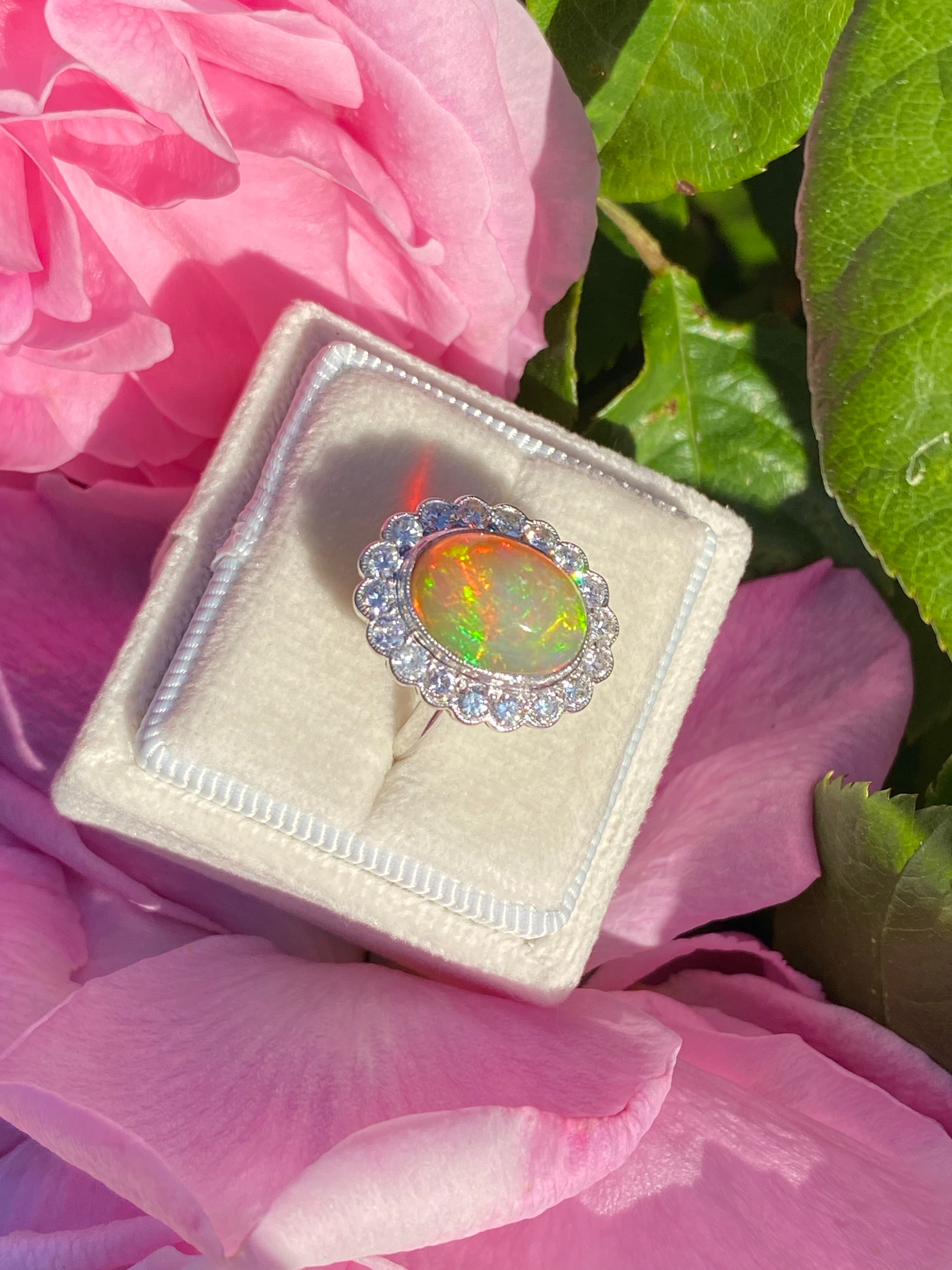 3.00 Carat Opal and Diamond Halo Ring in 18ct White Gold