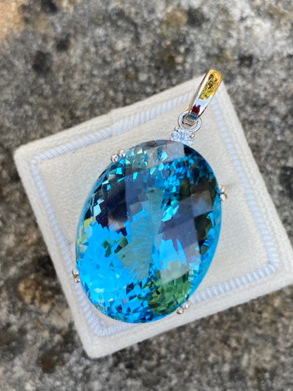 50 Carat Oval Blue Topaz and Diamond Necklace Pendant in 18K White Gold